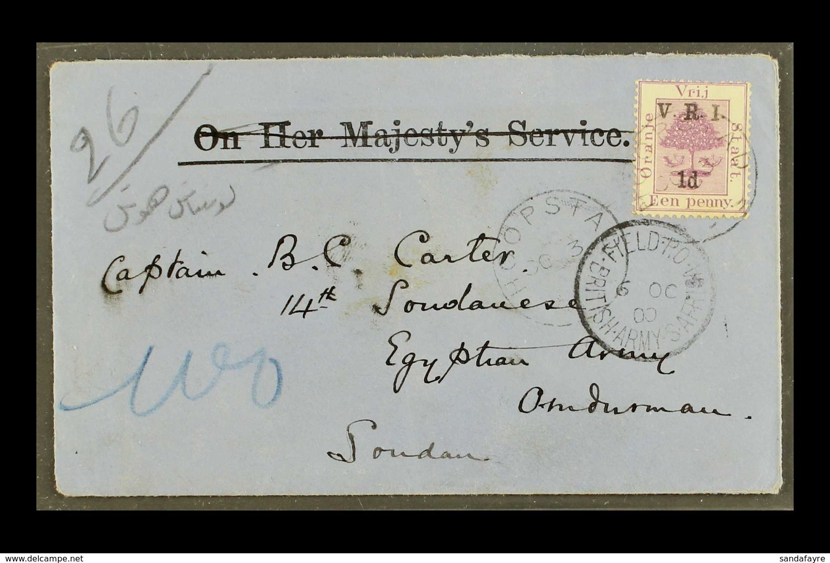 ORANGE FREE STATE 1900 COVER, Franked 1d On 1d "V.R.I." Ovpt, Pmkd HOOPSTAD 3.10.1900, Addressed To A "Captain B.C. Cart - Non Classificati