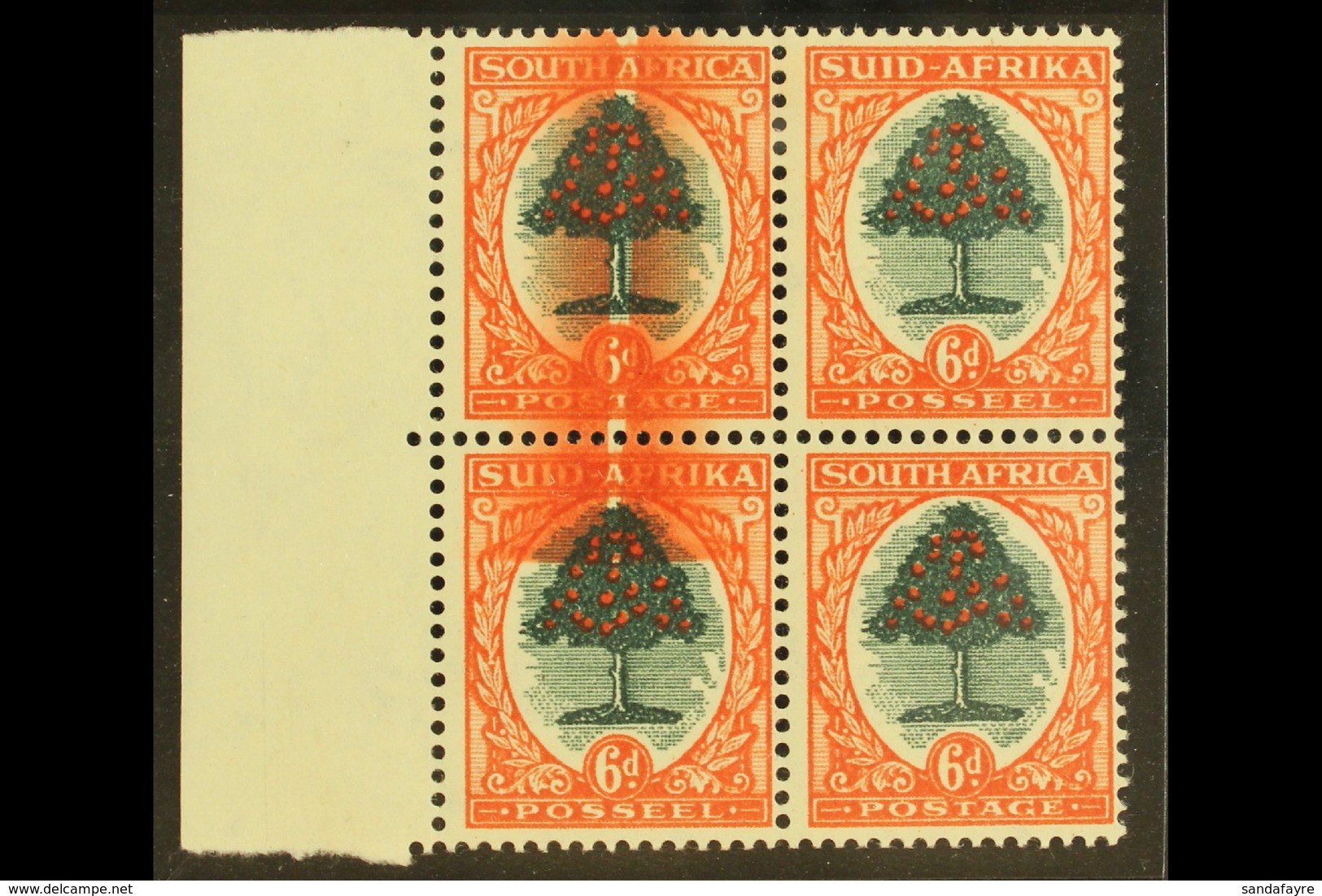 UNION VARIETY 1947-54 6d Green & Brown-orange, LARGE SCREEN FLAW In Left Marginal Block Of 4, Affects Two Stamps, SG 119 - Zonder Classificatie