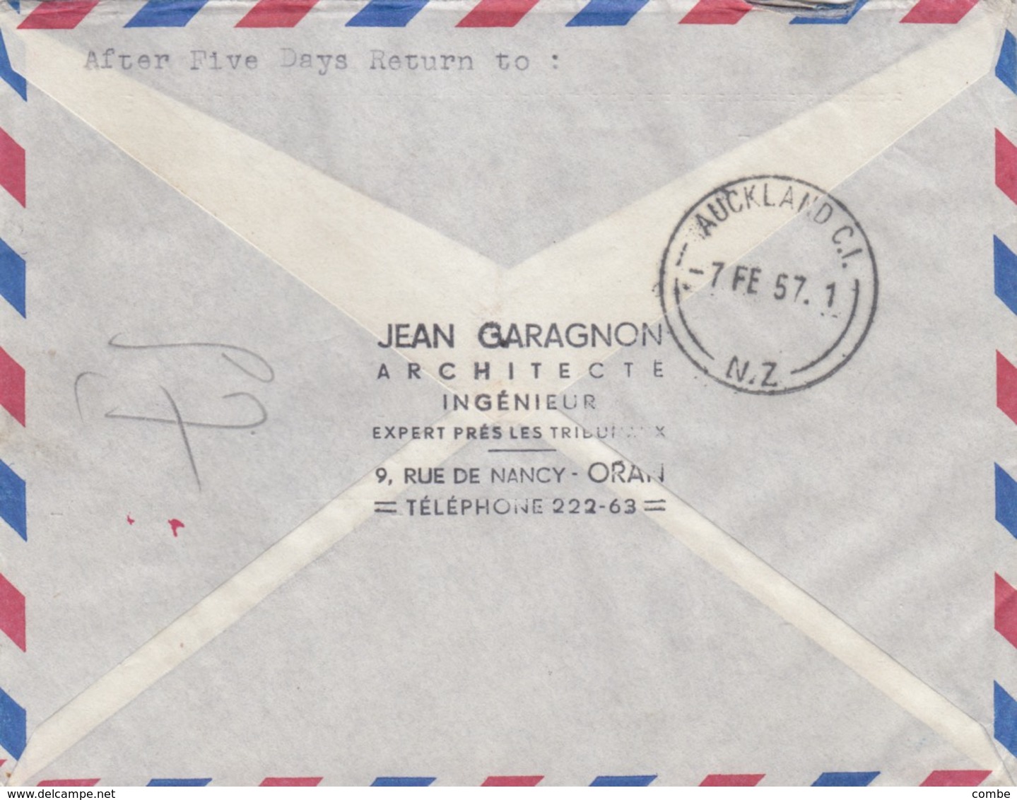 LETTRE. ALGERIE. 4 FEV 1957. PREMIERE LIAISON AERIENNE DIRECTE PARIS-AUCKLAND. RECOMMANDE ORAN   / 3 - Airmail