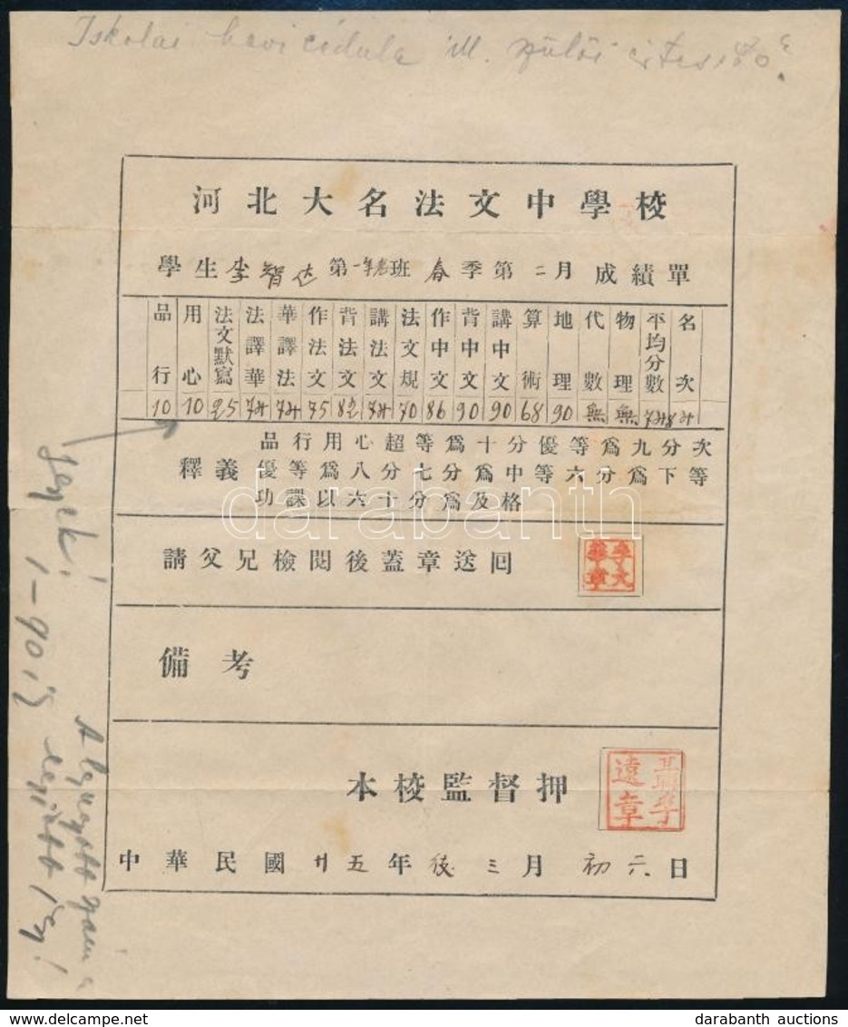 Cca 1930 Kínai Iskolai értesítő, Gyászjelentés, Ima, Napilap, Gyakorlatok / Chinese Prints And Writings - Non Classés