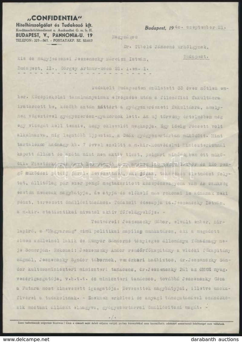 1940 'Confidentia' Hitelhirszolgálat és Tudakozó Kft. Magánnyomozásának Beszámolója ügyfél Részére, 1,5 Gépelt Oldal. - Ohne Zuordnung