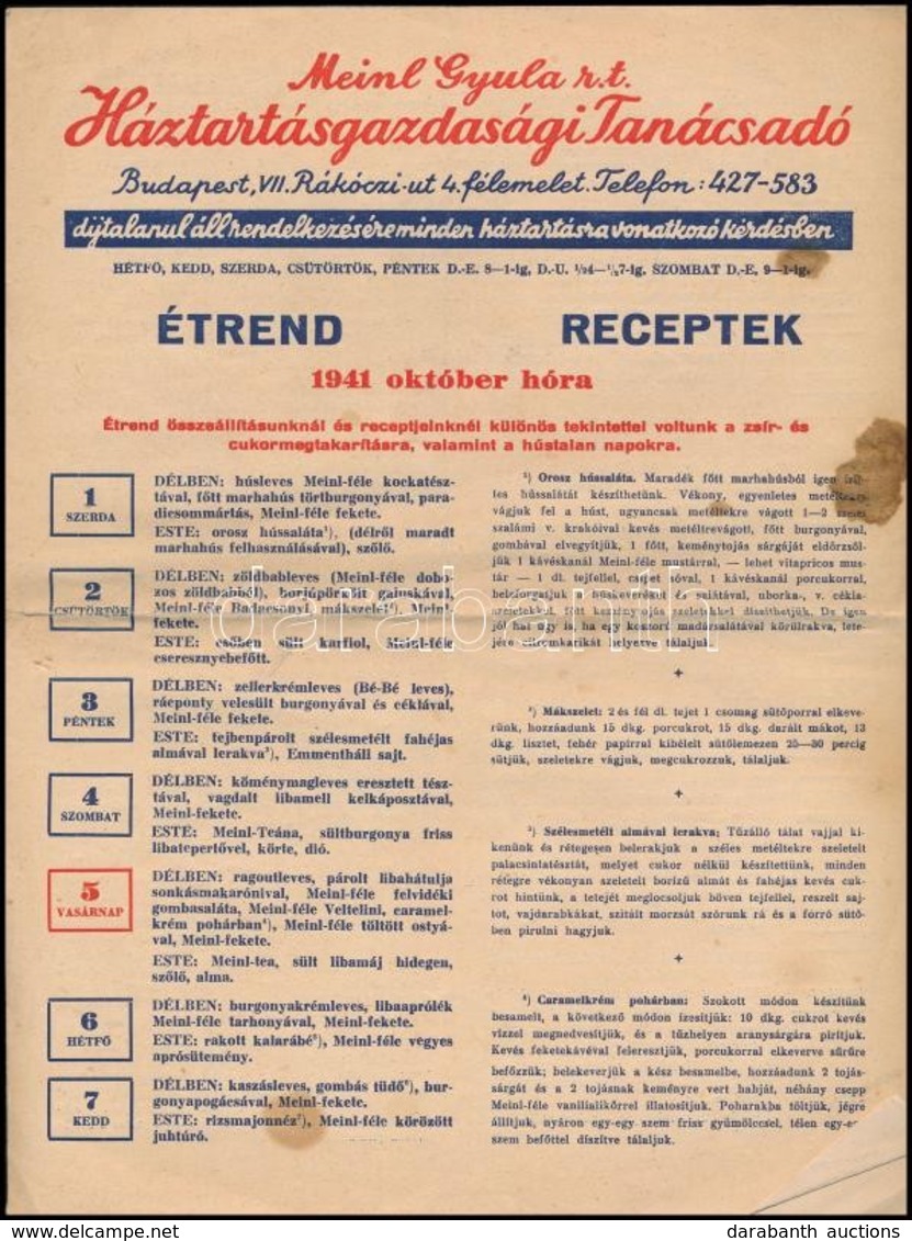 1941-1942  Meinl Gyula Rt. Háztartásgazdasági Tanácsadójának étrendjei, 2 Db, 1941. Október, 1942. Október, Receptekkel, - Ohne Zuordnung