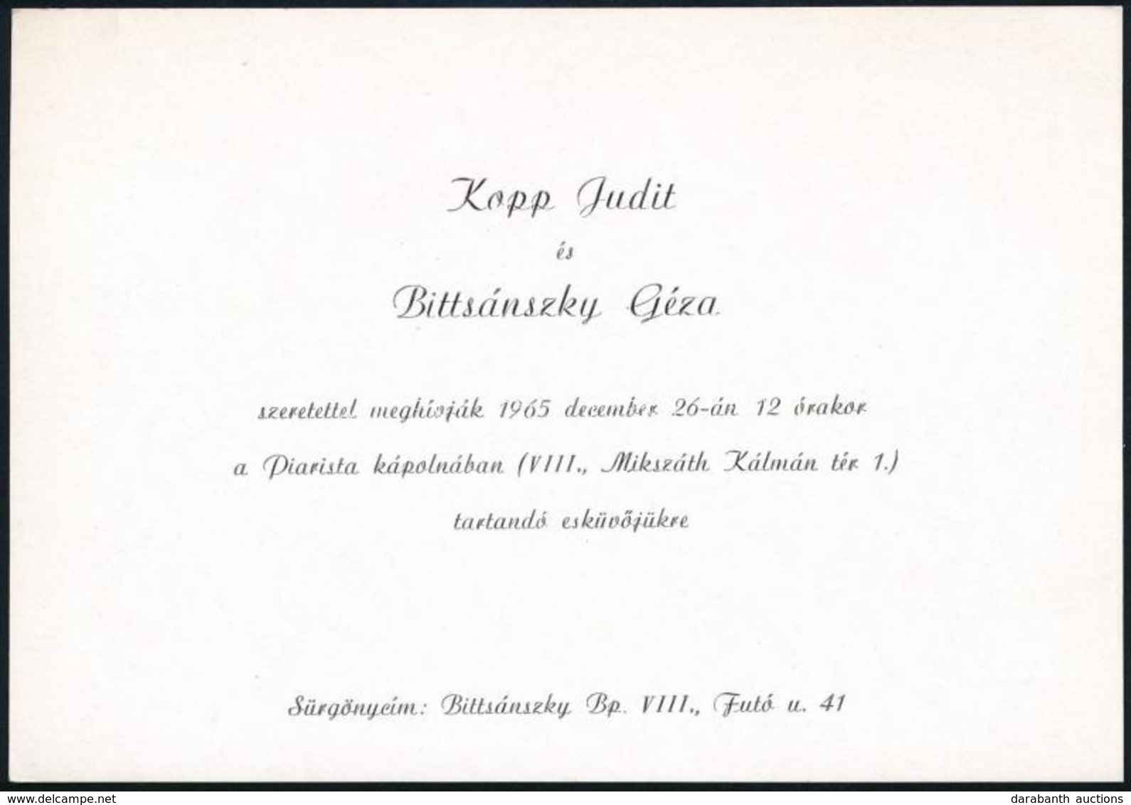 1965-1995 Kopp Judit (1943-1995) Molnár C. Pál Díjas Szobrász Művész Halálozási értesítője, és Esküvői Meghívója Bittsán - Sin Clasificación