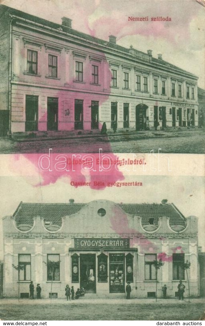 T2/T3 1911 Érmihályfalva, Valea Lui Mihai; Nemzeti Szálloda, Gaszner Béla Gyógyszertára, Rosenfeld Lajos üzlete / Hotel, - Ohne Zuordnung