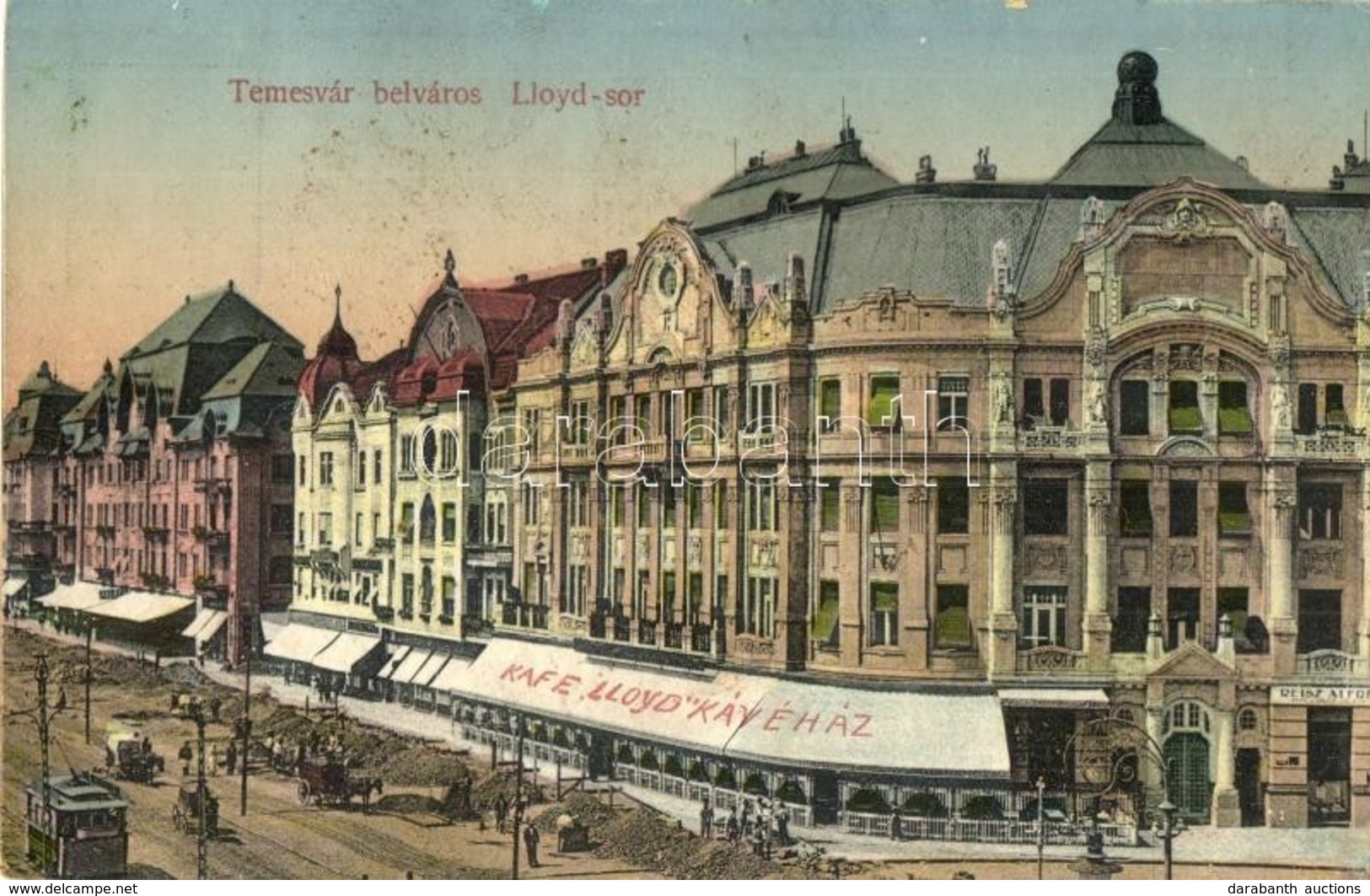 T2 Temesvár, Timisoara; Belváros, Lloyd-sor és Kávéház, útépítés, Reisz Alfréd üzlete / Cafe, Street Construction, Shop - Unclassified