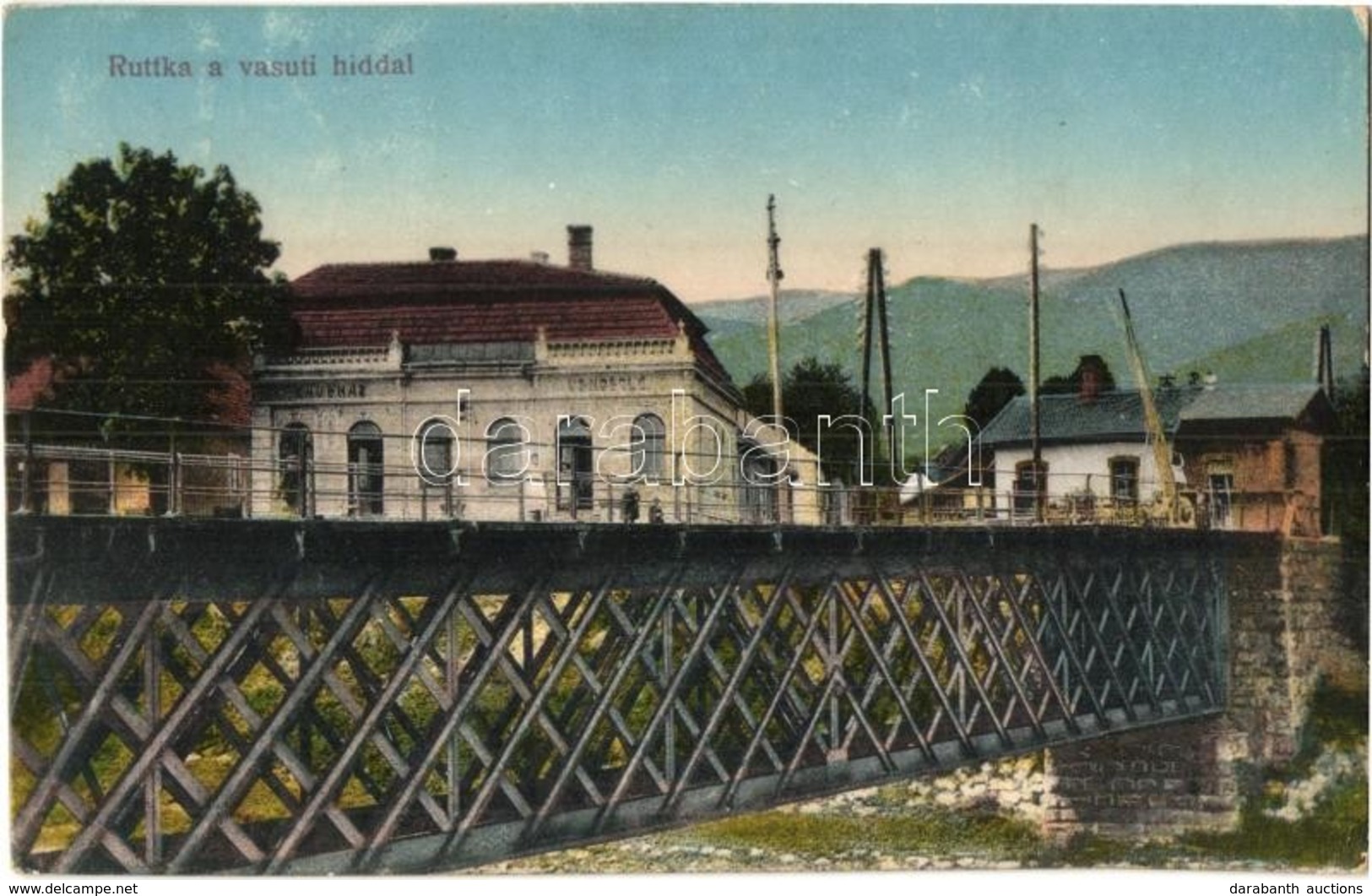 T2/T3 Ruttka, Vrutky; Vasúti Híd, Sorompó, Kávéház és Vendéglő, étterem / Railway Bridge, Barrier, Café, Restaurant (EK) - Ohne Zuordnung