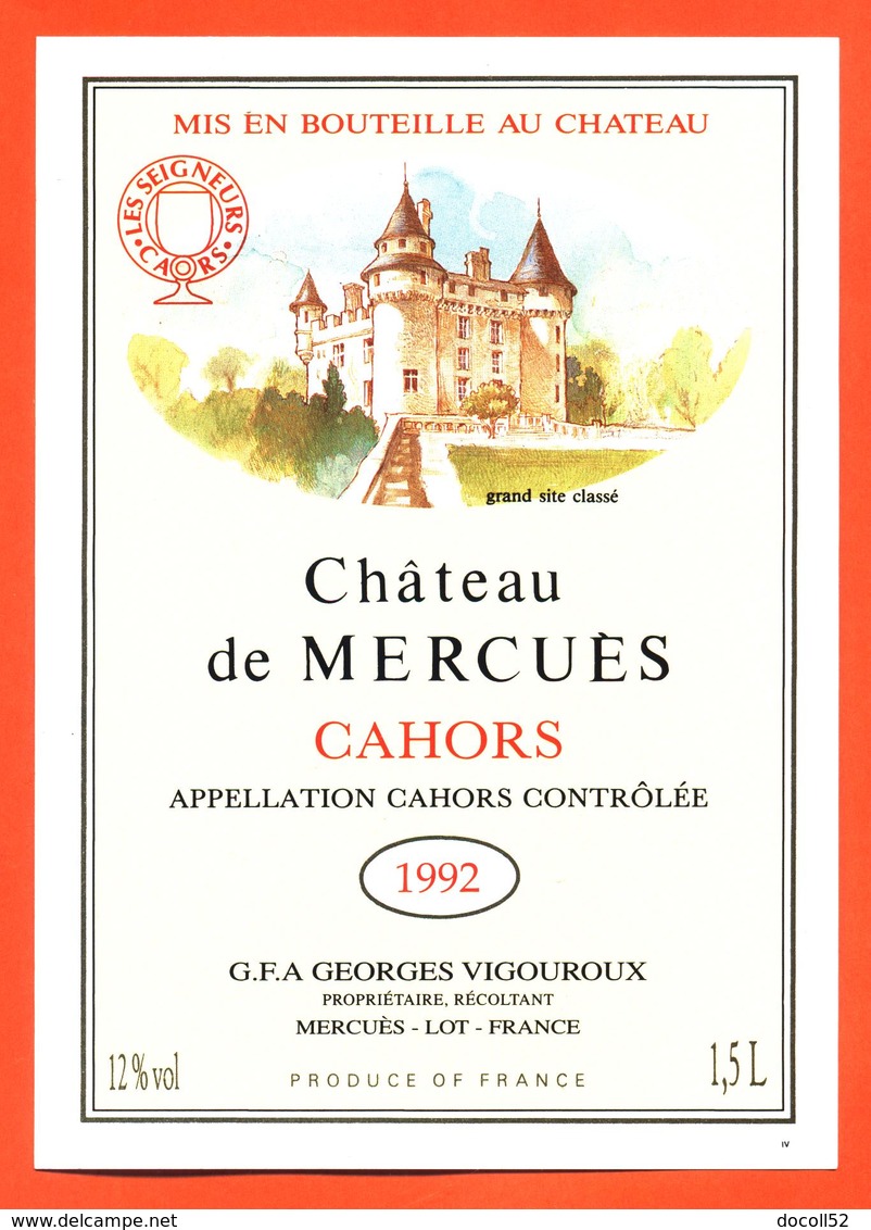 étiquette Magnum Vin De Cahors Chateau De Mercuès 1992 Georges Vigouroux à Mercuès - 150cl - Cahors