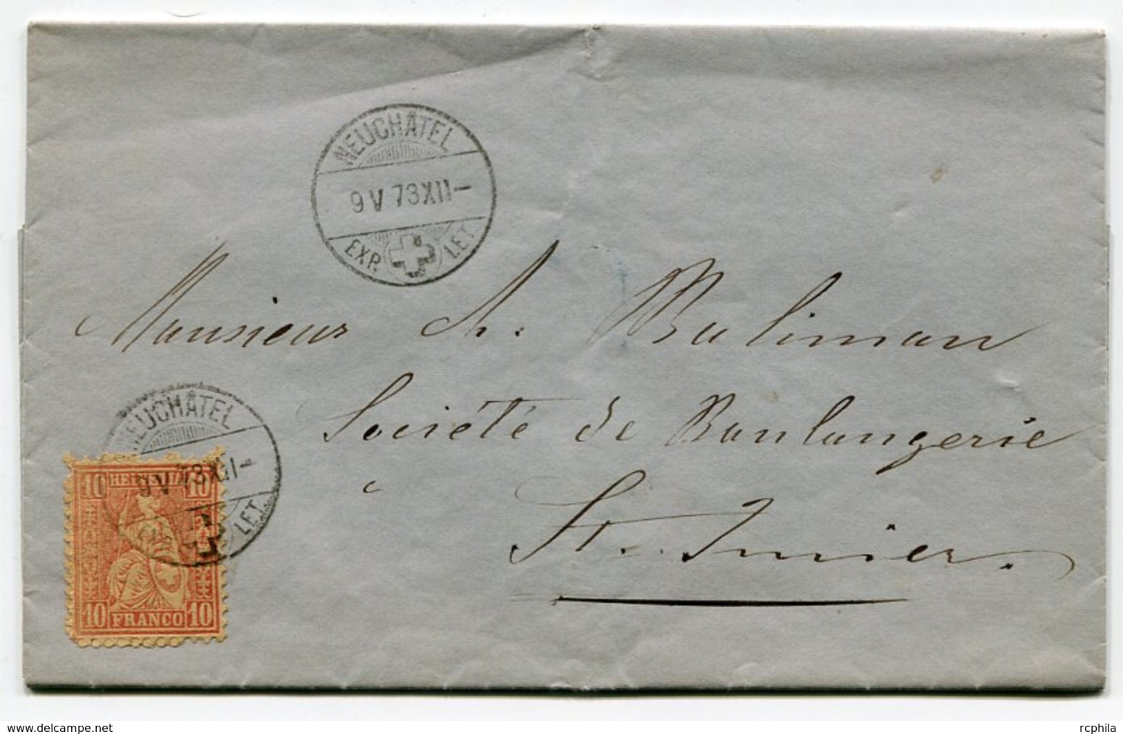 RC 11344 SUISSE 1873 - LETTRE 10c DE NEUCHATEL POUR ST IMIER BOULANGERIE - Briefe U. Dokumente