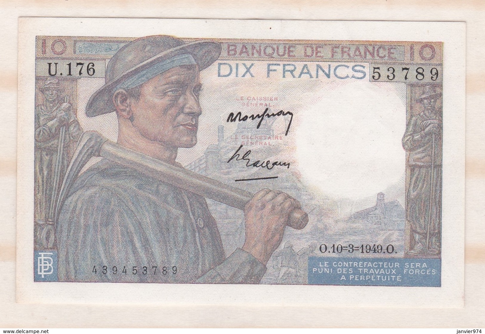 10 Francs Mineur 10 3 1949 Alphabet U.176 N° 53789, Billet Neuf - 10 F 1941-1949 ''Mineur''