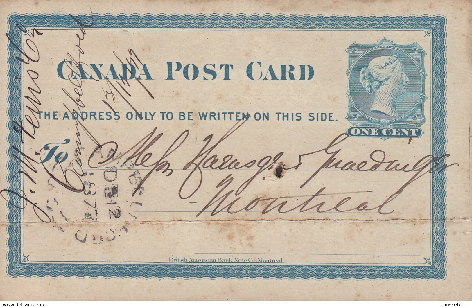 Canada Postal Stationery Ganzsache Entier 1c. Victoria British-American Bank Note Co. CAMPBELLFORD 1877 (2 Scans) - 1860-1899 Victoria