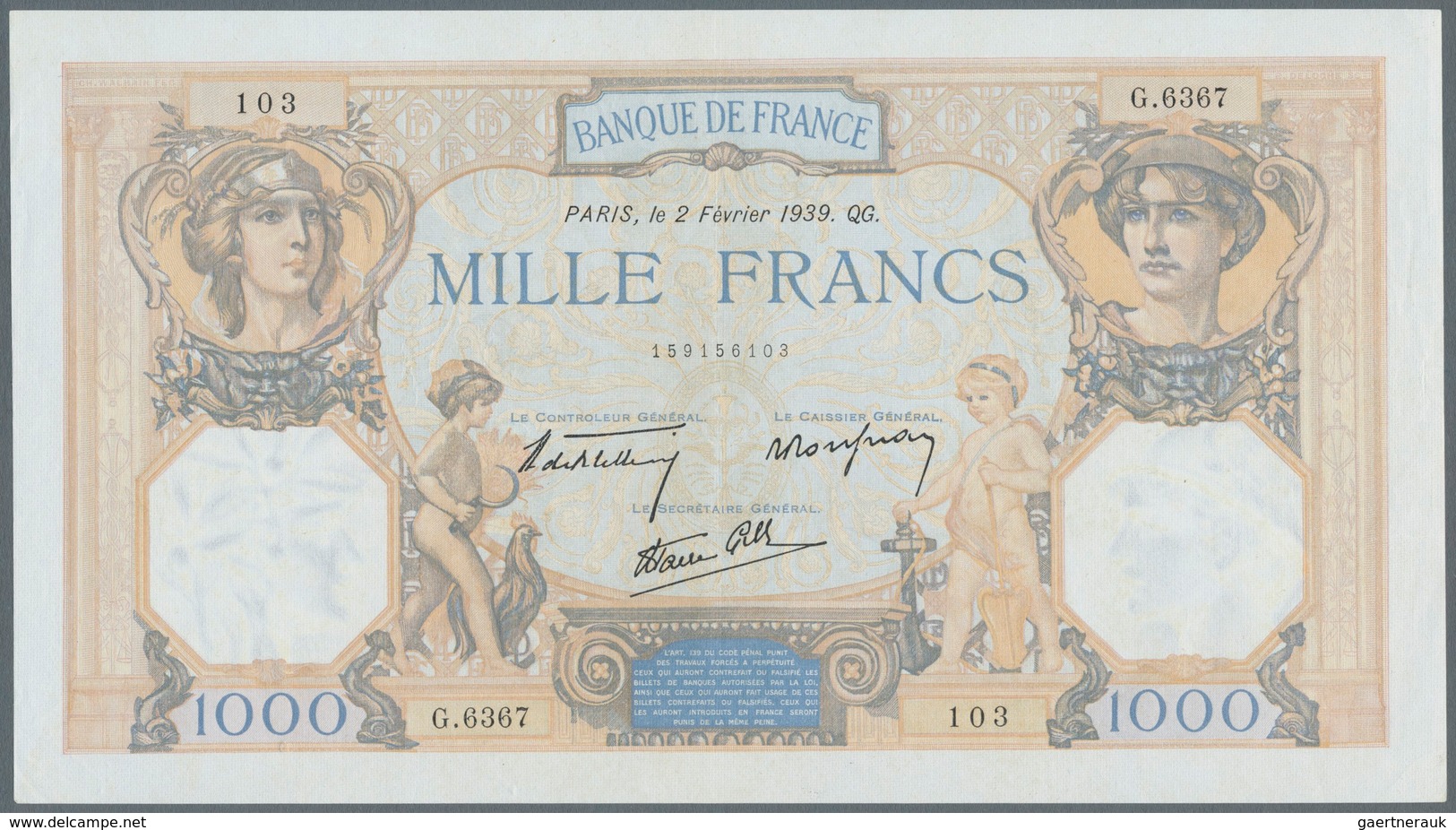 France / Frankreich: 1000 Francs 1939 Fay 38.34, In Condition: VF To VF+. - Andere & Zonder Classificatie