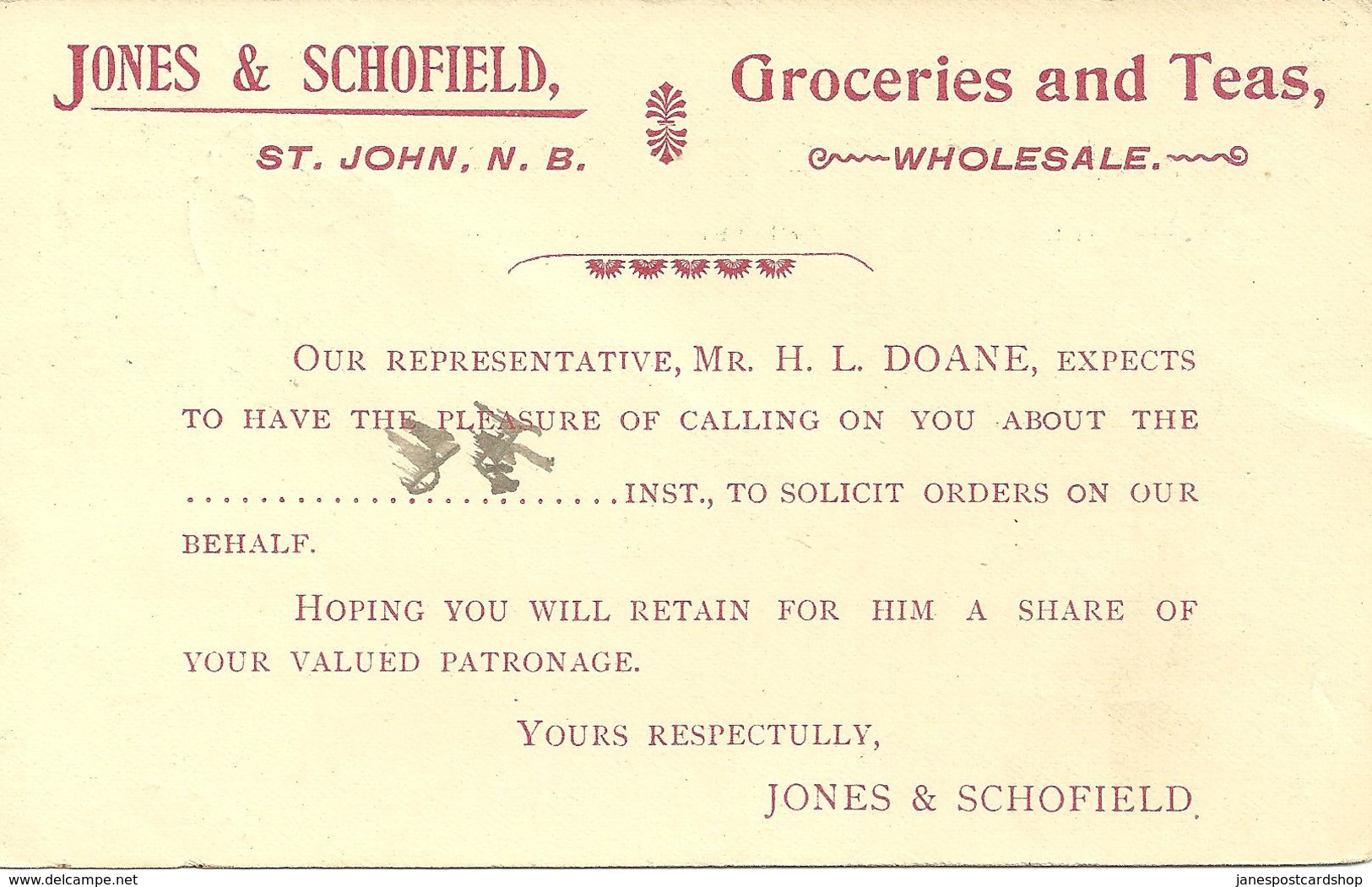 POSTAL STATIONERY DATED 1898 SUSSEX N.B. ADVERTISING CARD FOR JONES & SCHOFIELD - 1860-1899 Victoria