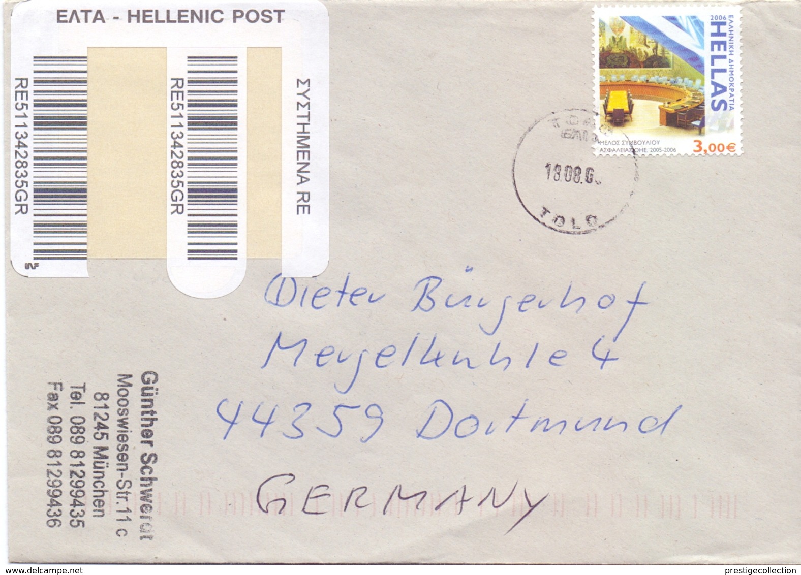 GRECE TOLO REGISTRED MAIL  HELLAS  (GEN190185) - Lettres & Documents