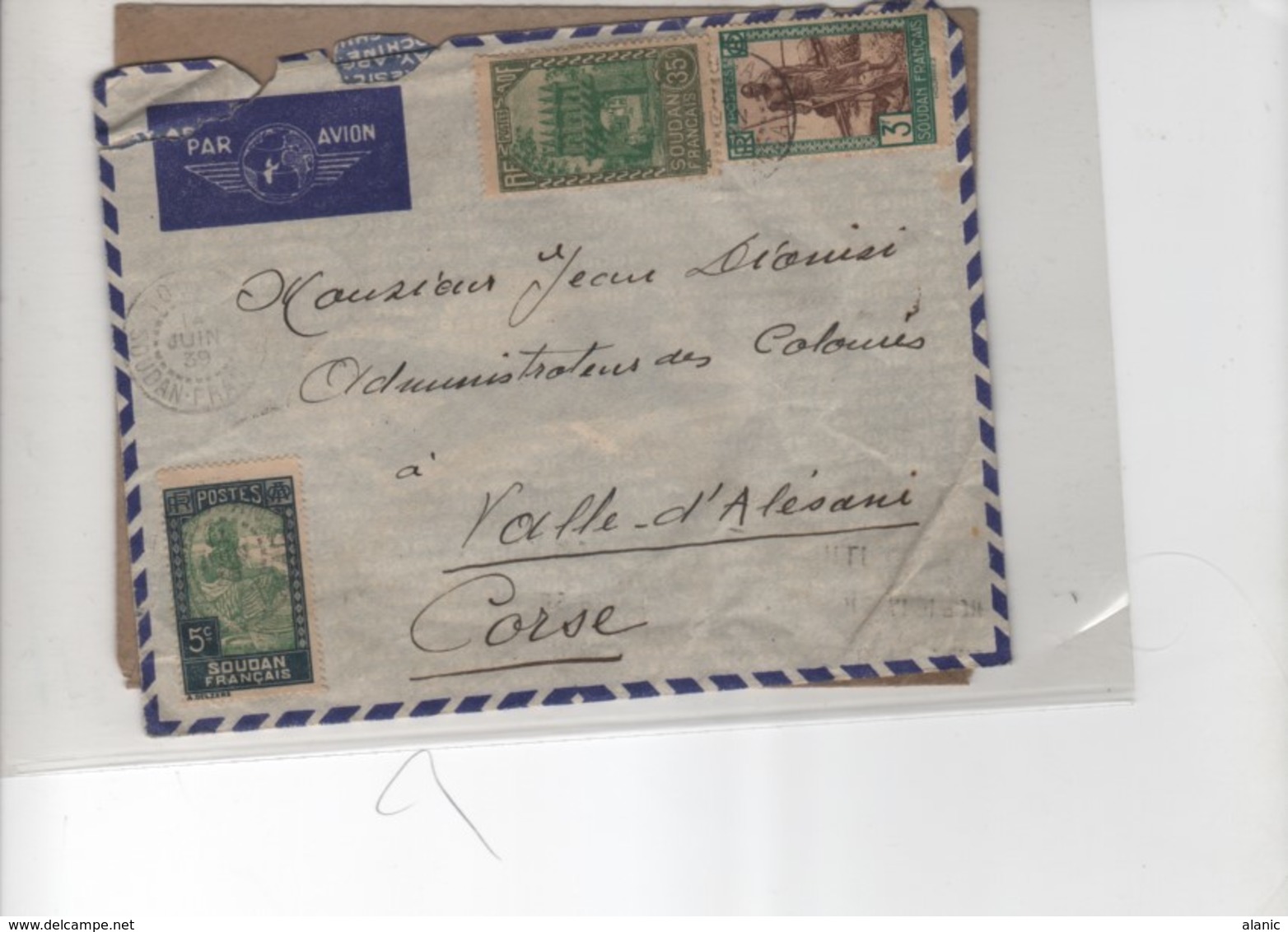 Soudan (1894-1902) S/Lettre Pour  La Corse N°63-69-85 14/06/39 - Storia Postale