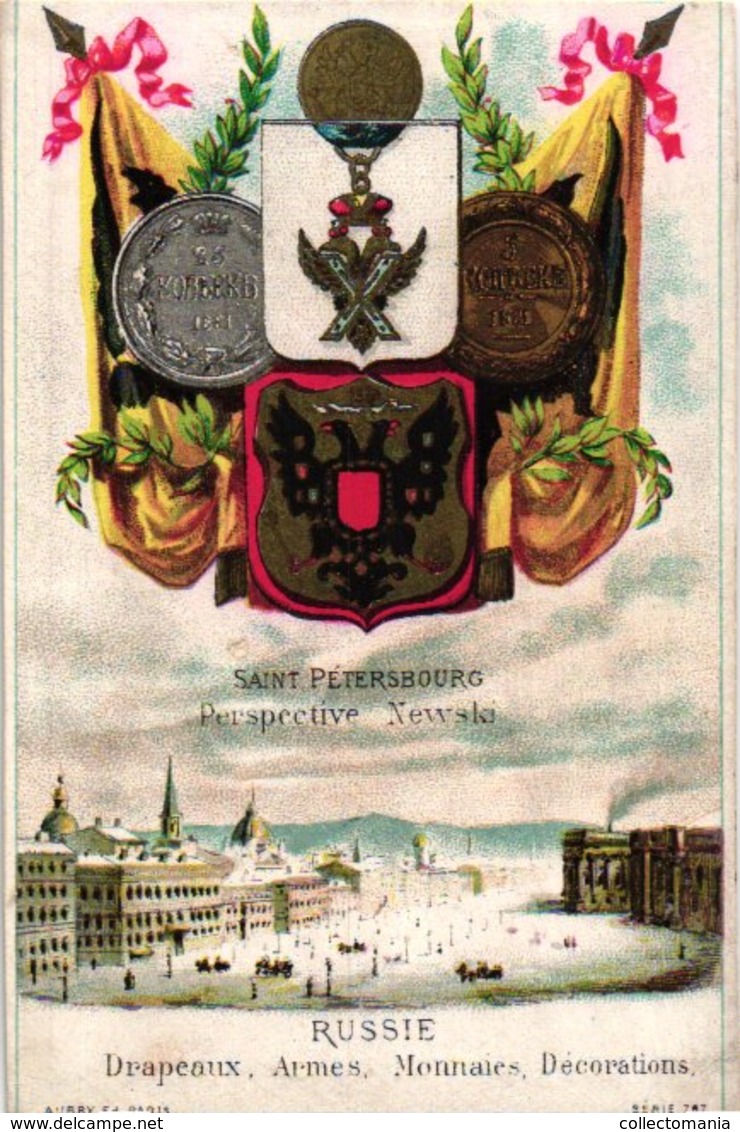 8 Cards Litho  C1900 Chromos Drapeaux Armes Monnaies DECORATIONS, C1880, Italy Gemany, Russia, Espagne - Avant 1871
