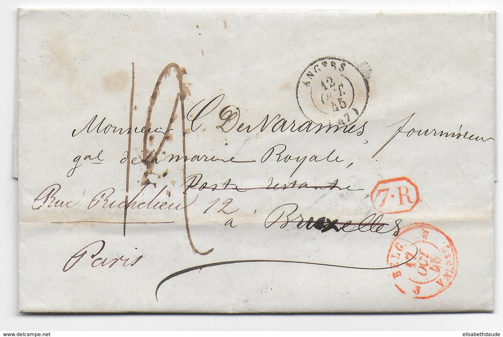 1845 - BELGIQUE - MARQUE De DEBOURSE De BRUXELLES Sur LETTRE De ANGERS REEXPEDIEE => PARIS - Disbursement