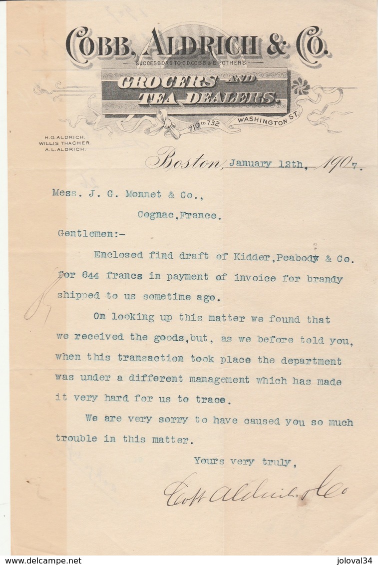 Etats Unis 1/2 Facture Lettre Illustrée 12/1/1907 COBB ALDRICH Grocers & Tea Dealers BOSTON - Thé - Estados Unidos