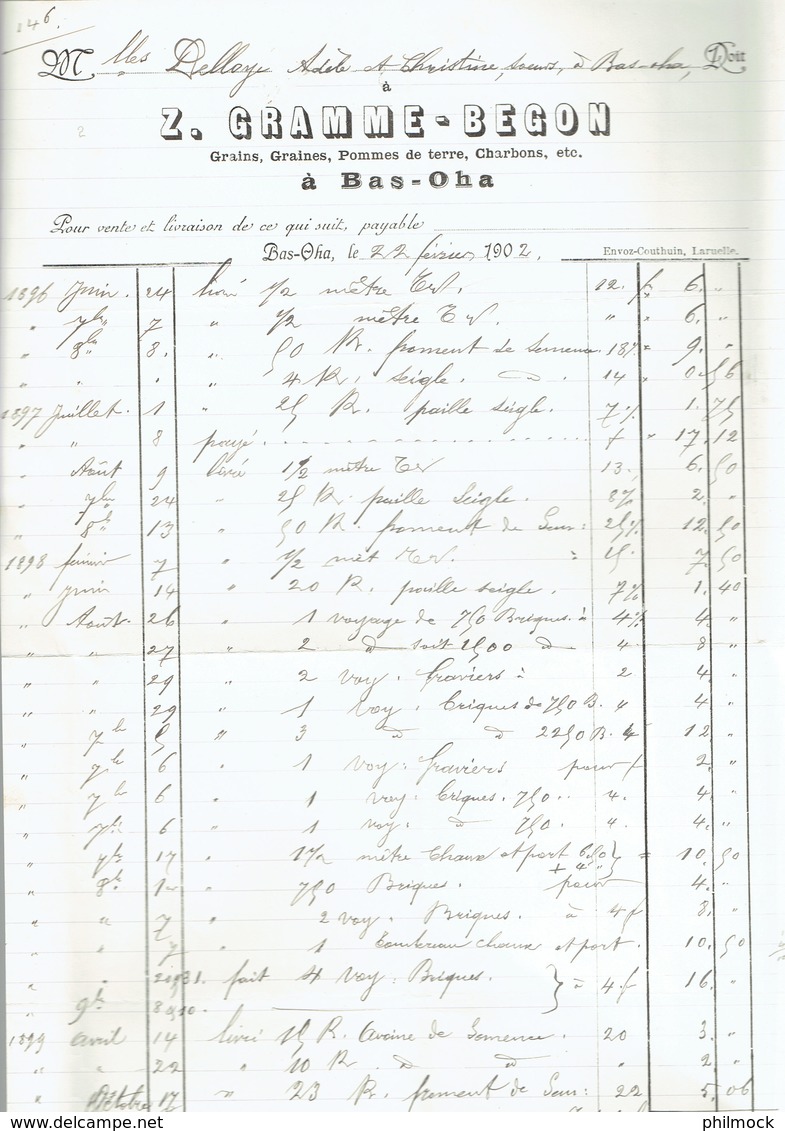 M-Facture -  Z.Gramme-Begon Négociant Grains A Bas-Oha Le 22-Février-1902 Vers Bas-Oha - 1900 – 1949