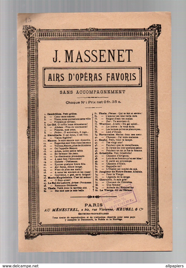 Partition Adieux De Manon Par J. Massenet - Airs D'opéras Favoris - Operaboeken