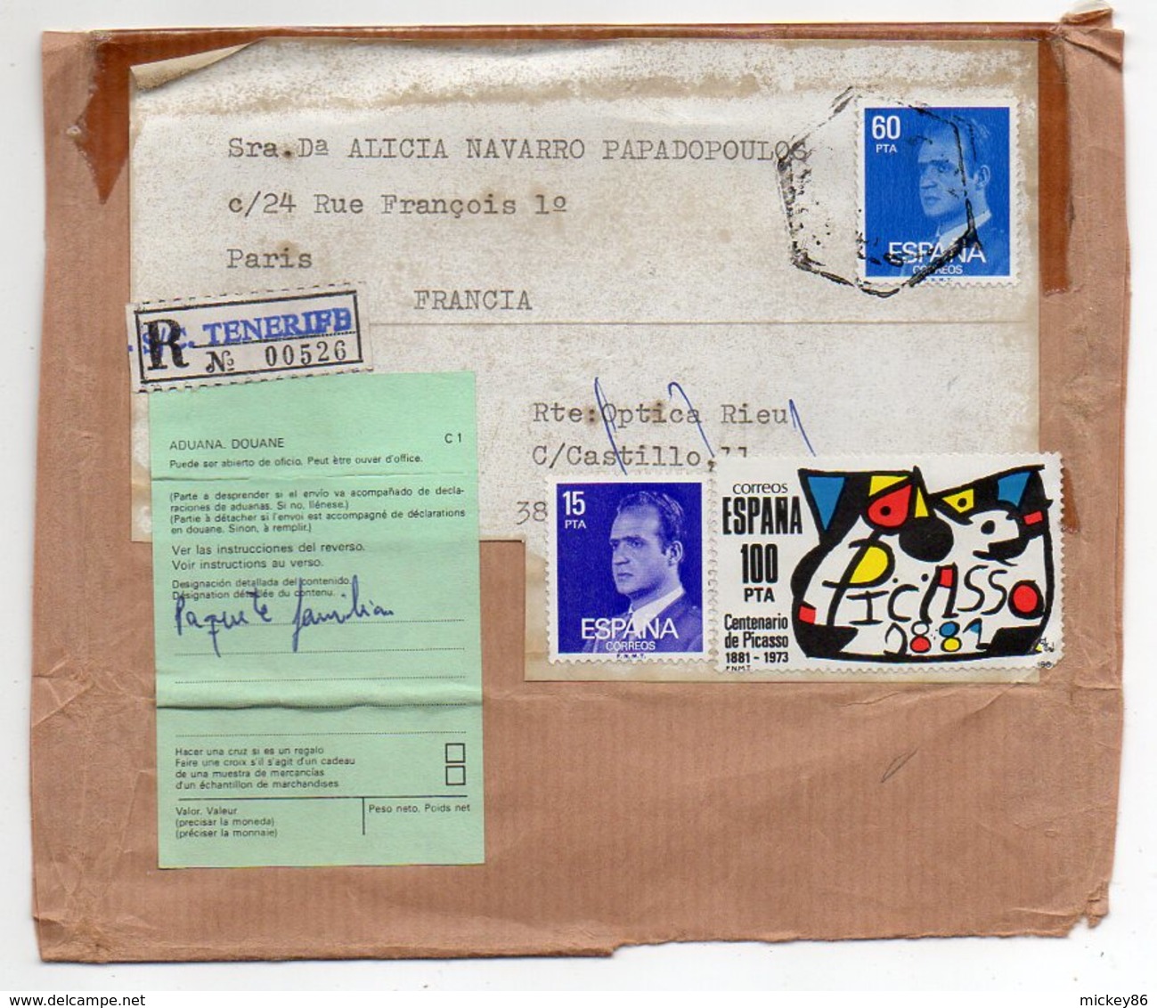 Espagne--fragment De Paquet Recommandé De TENERIFE Pour PARIS (France)-timbres-cachet + Douane C1 - Covers & Documents