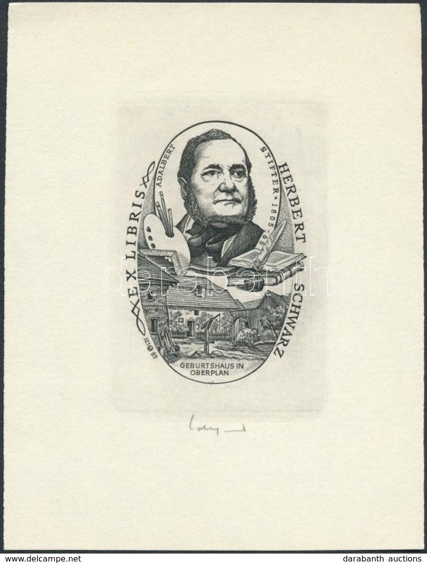 Oswin Volkamer (1930-): Adalbert Stifter, Ex Libris Herbert Schwarz. Rézmetszet, Papír, Jelzett, 6.5×4.5 Cm - Andere & Zonder Classificatie