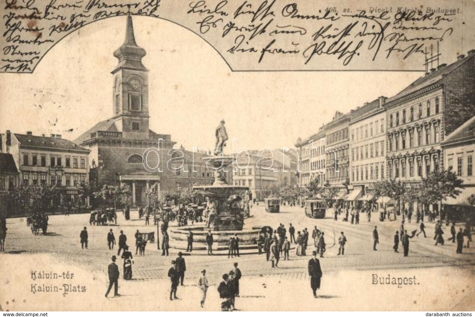 T2/T3 1902 Budapest IX. Kálvin Tér, Villamos, üzletek, Szökőkút. Divald Károly 405. Sz. (EK) - Zonder Classificatie