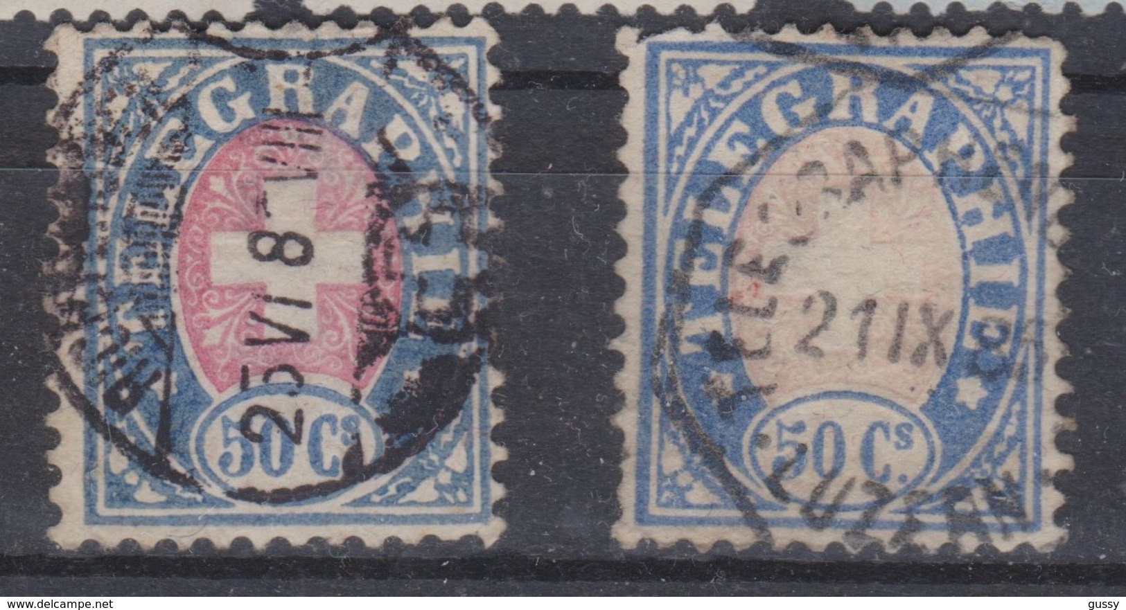 SUISSE TELEGRAPHE 1881 : Deux Timbres De  50c. Bleu Et Rose, Papier Mêlé, 2 Nuances, Oblitérés - Telegraph