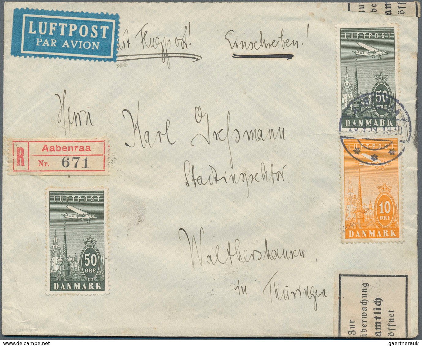 Dänemark: 1939, Two Registered Airmail Covers With Better Total 9 Airstamps Of The 1034 Issue To Ger - Oblitérés