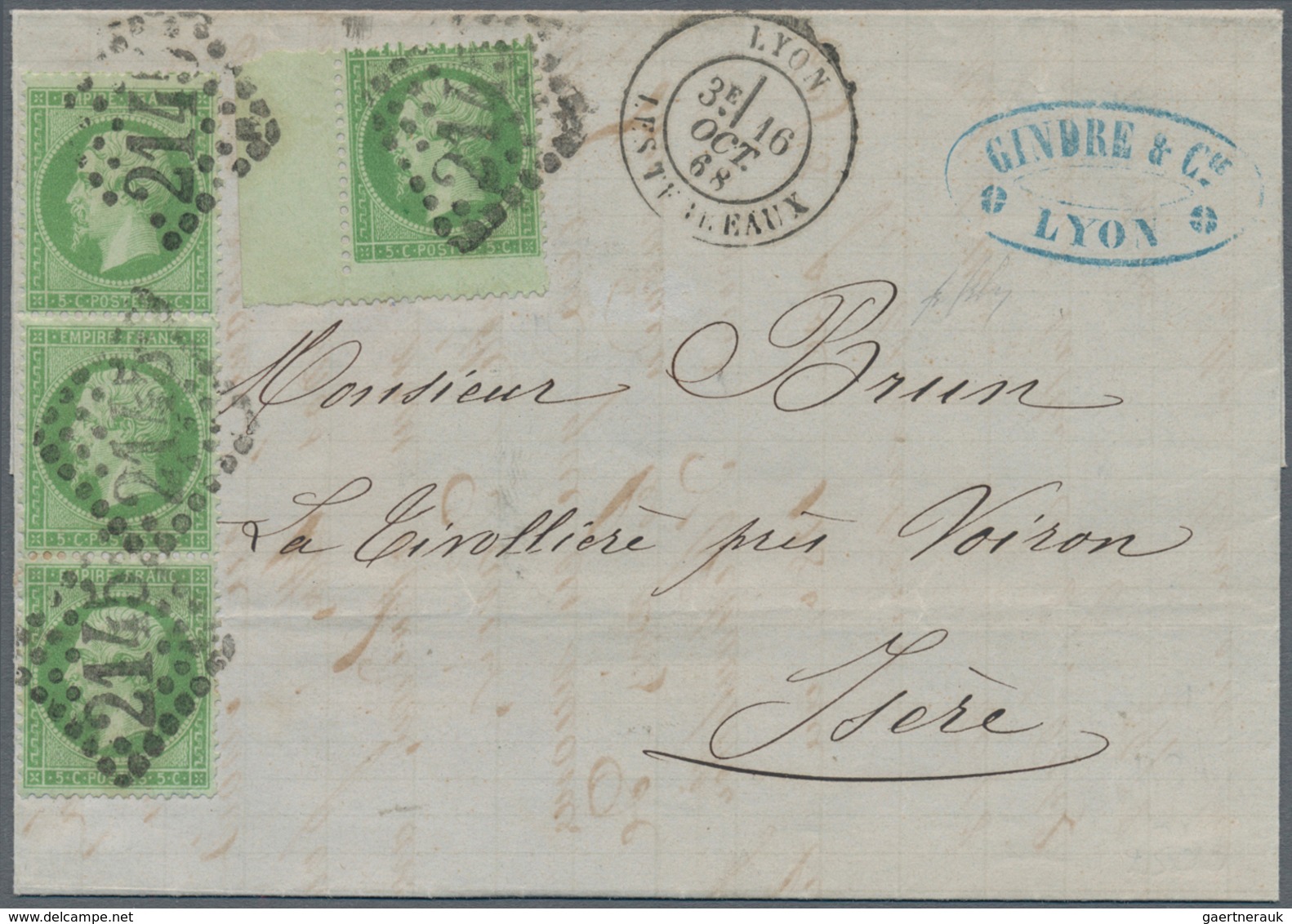 Frankreich: 1862, 5 C Green Napoleon, Vertical Strip Of 3, Together With A Further Stamp From Left S - Lettres & Documents