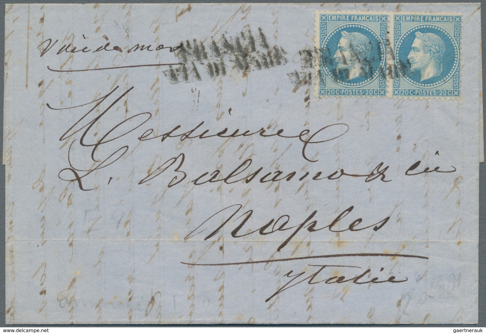 Frankreich: 1869. Envelope Written From Marseille Dated '2nd Feb 1869' Addressed To Naples, Italy Be - Lettres & Documents