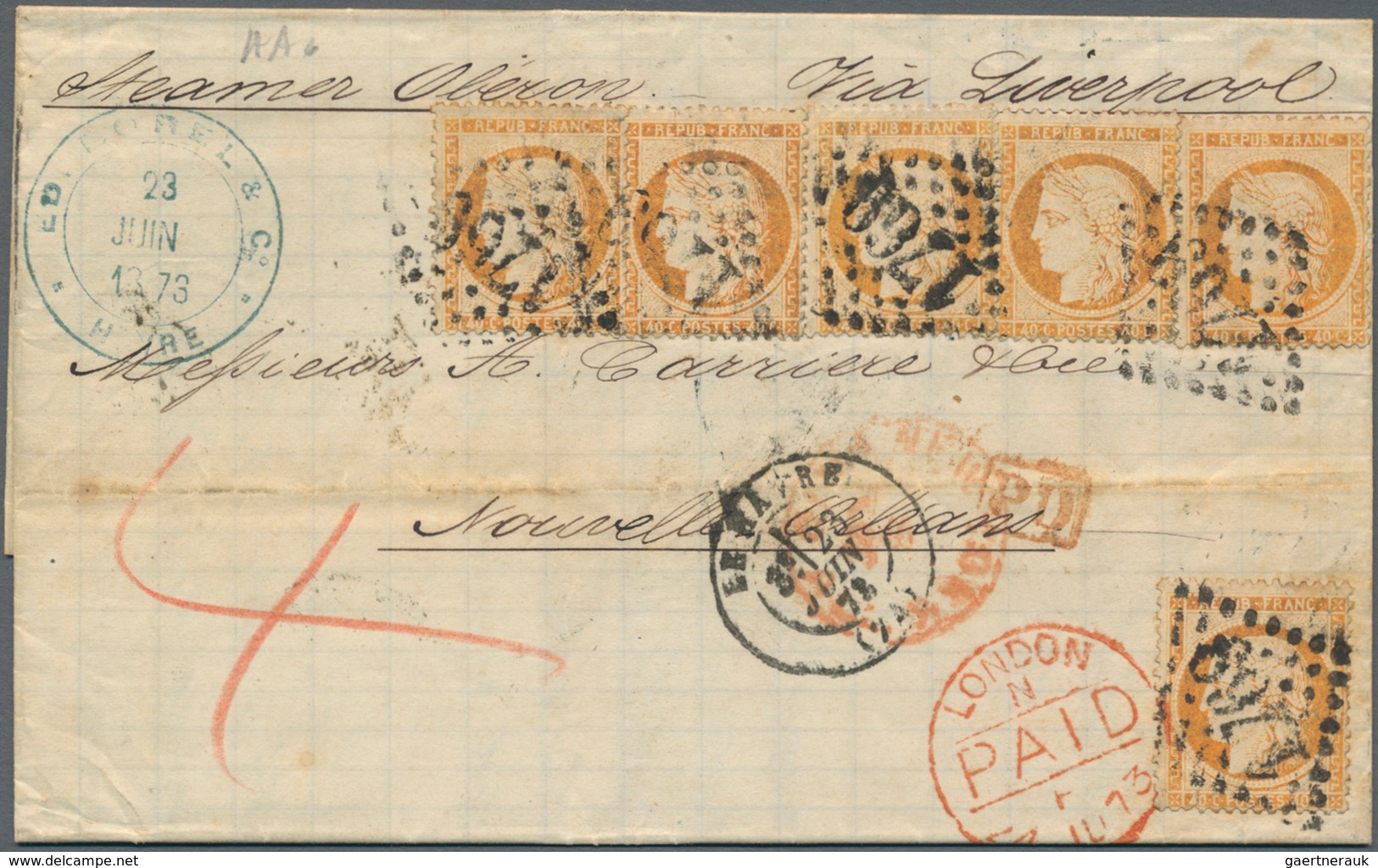 Frankreich: 1870. 40 C Orange "Ceres", 6 Stamps, Five Of Them Overlapping, Tied By Dotted Numaral "1 - Lettres & Documents