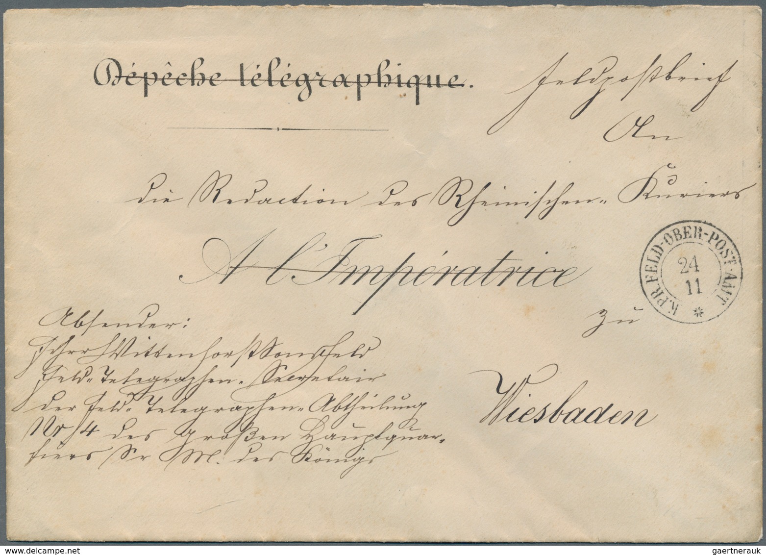 Frankreich: 1870-71 FRANCO-PRUSSIAN WAR, UNRECORDED TELEGRAPH ENVELOPE OF THE FRENCH EMPRESS (Eugeni - Lettres & Documents