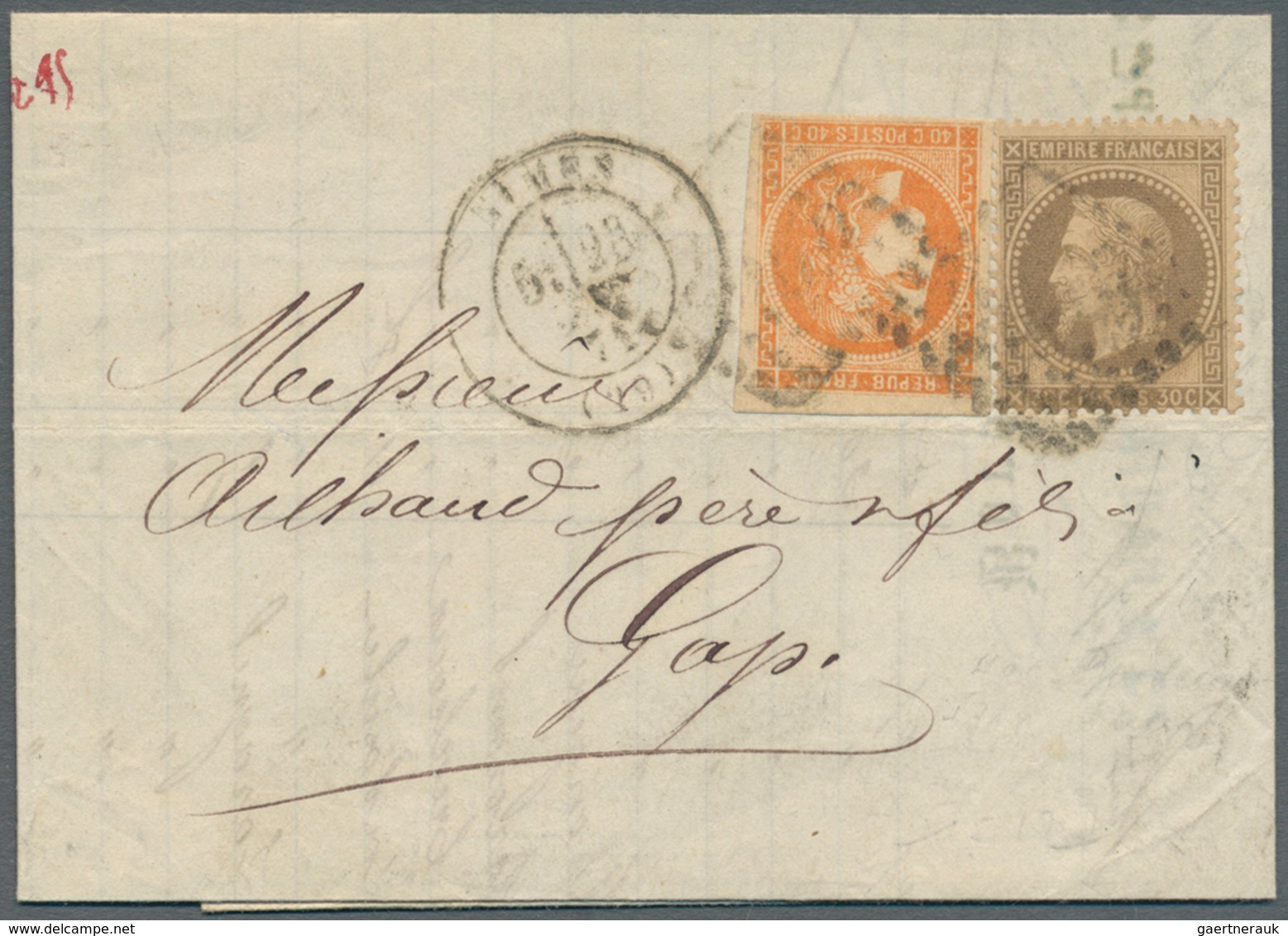 Frankreich: 1871, 40c. Orange "Bordeaux" And 30c. Brown "laure" On Lettersheet (folded To Shape) Fro - Lettres & Documents