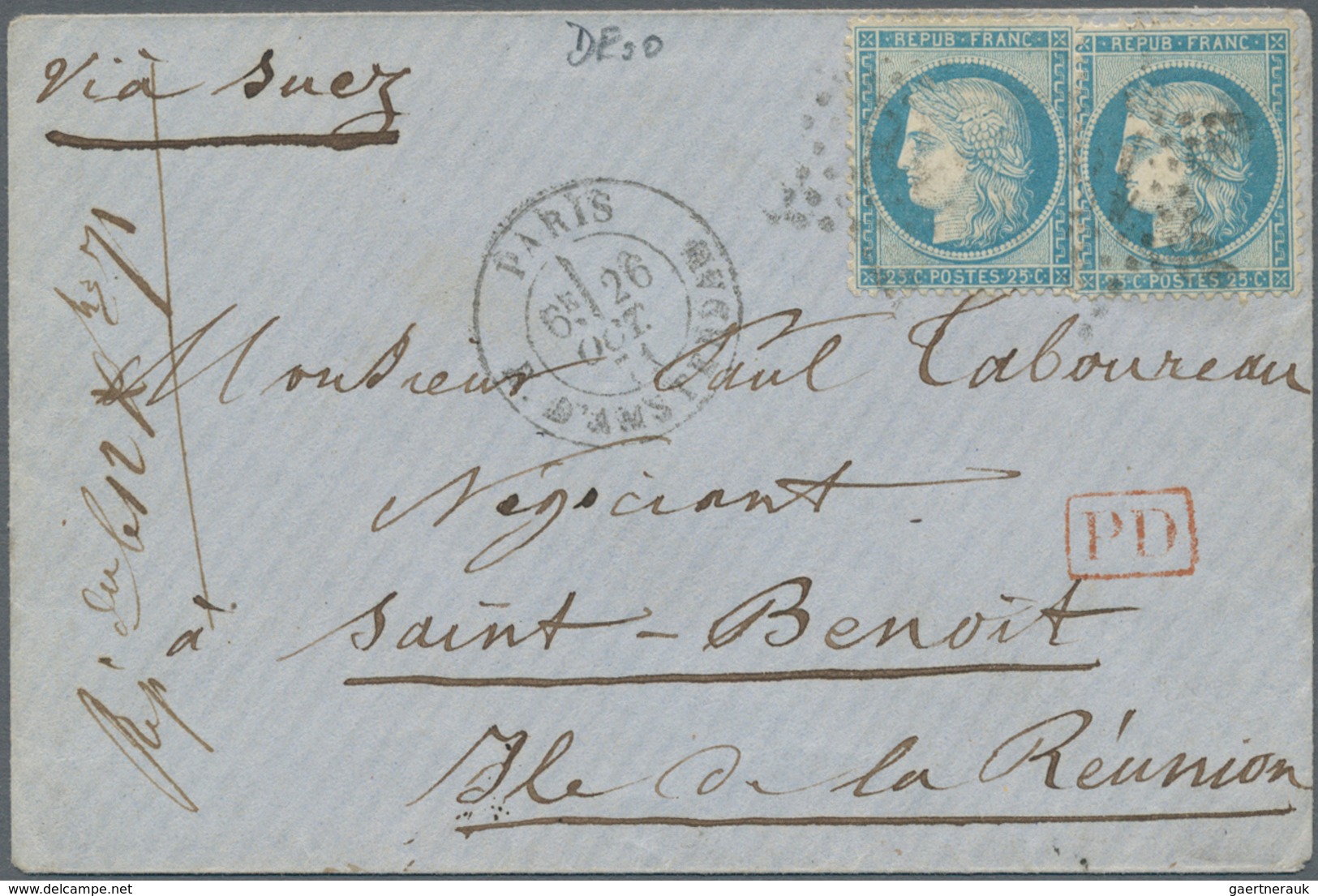 Frankreich: 1871, 25 C Blue Ceres, Two Overlapping Examples, Tied By Dotted Star To Letter From PARI - Lettres & Documents