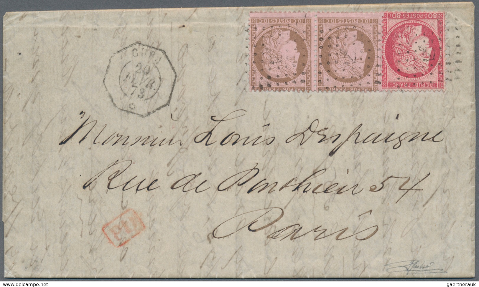 Frankreich: 1874, FRENCH P.O., 10c. Brown On Rose Horiz. Pair And 80c. Red, 1fr. Rate On Lettersheet - Lettres & Documents