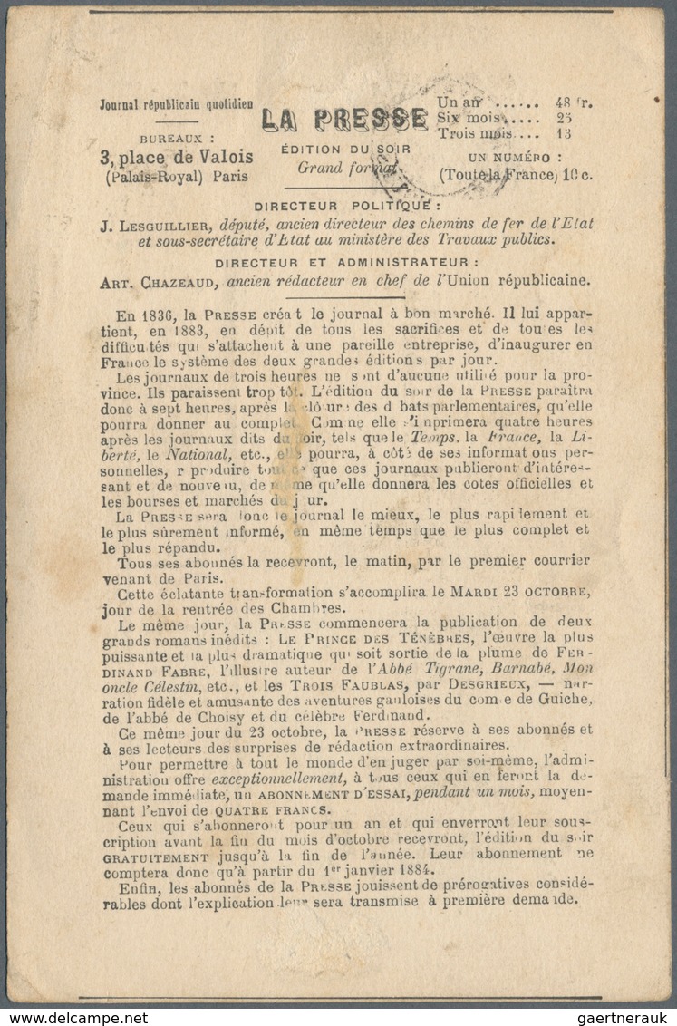 Frankreich: 1883 (ca.), Allegorie 1 C. Schwarz Auf 'CARTE-PRESSE' Mit Schwachem Zweikreisstpl. Sowie - Lettres & Documents