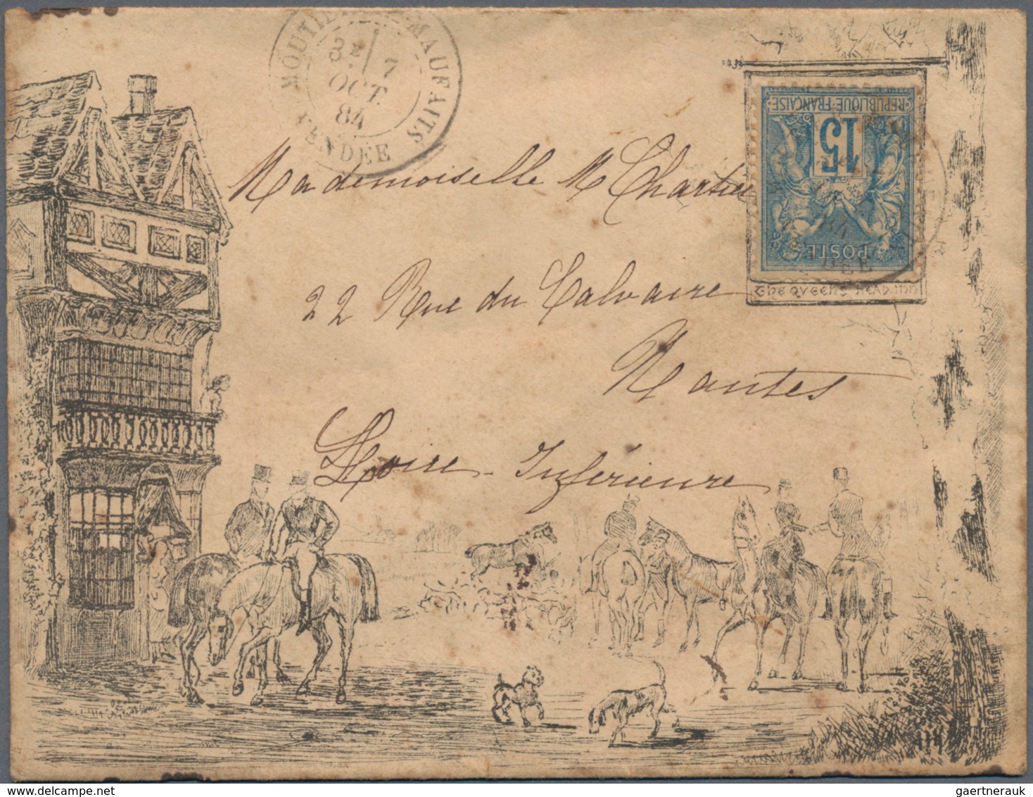 Frankreich: 1884 Illustrated Envelope (depicting "The Queens Head" From An Etching), Used From Mouti - Lettres & Documents