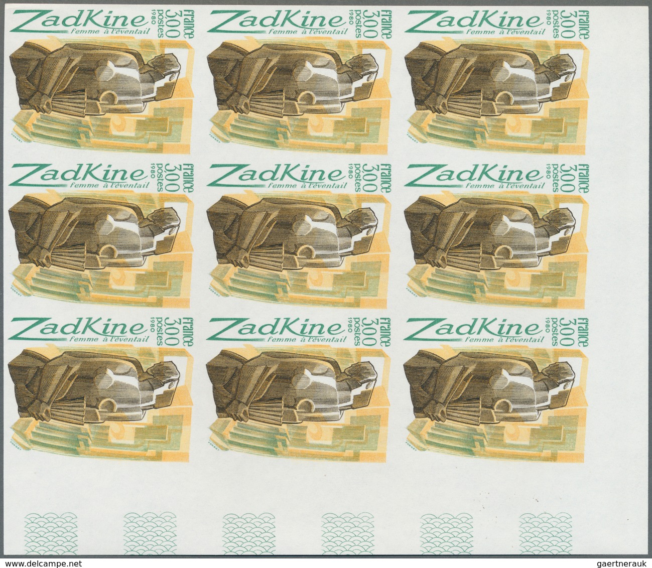 Frankreich: 1980, Bronze Sculpture From Ossip Zadkine 3.00fr. IMPERFORATE Block Of Nine From Upper R - Lettres & Documents