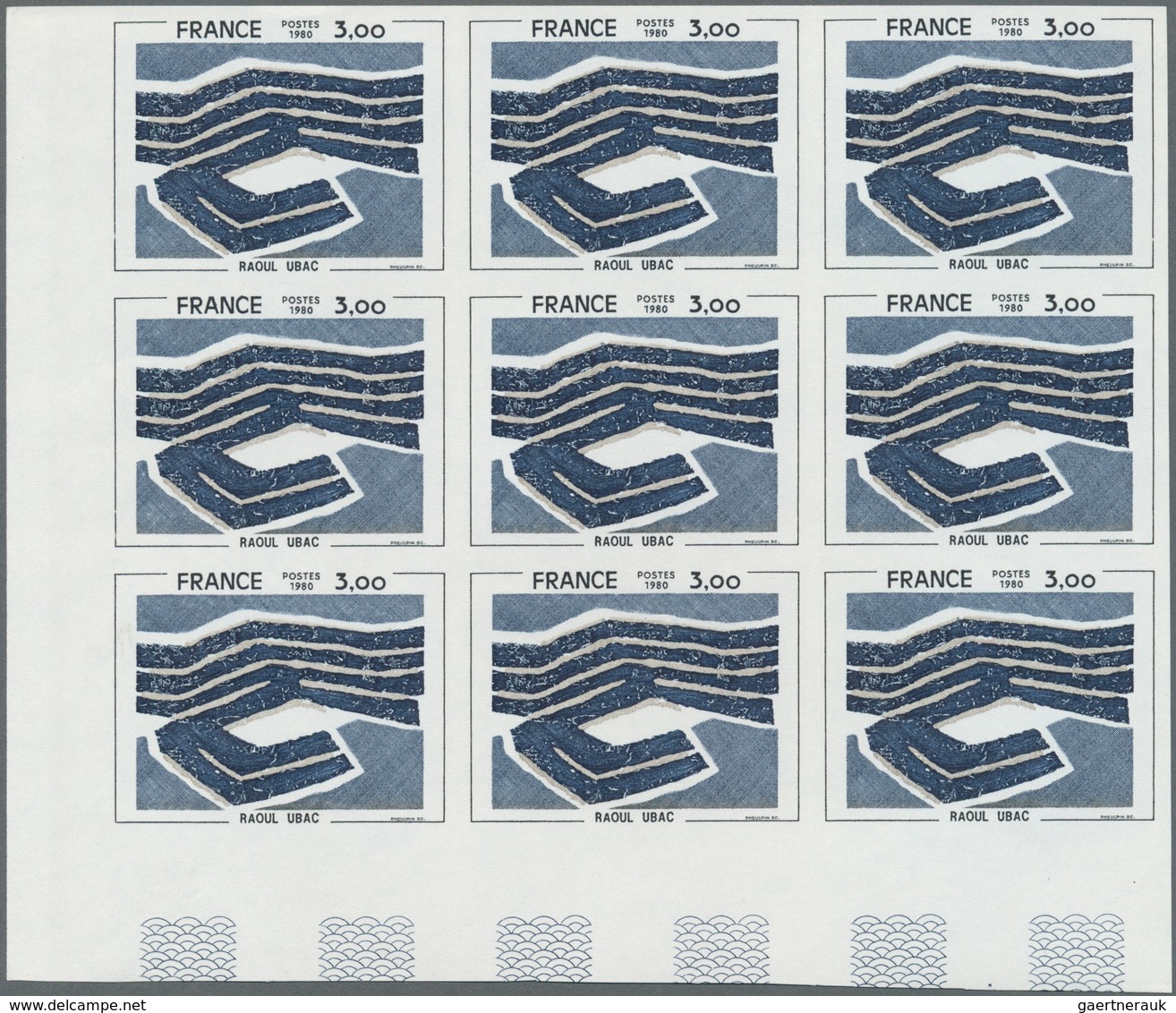 Frankreich: 1978, Painting From Raoul Ubac 3.00fr. IMPERFORATE Block Of Nine From Lower Left Corner, - Lettres & Documents