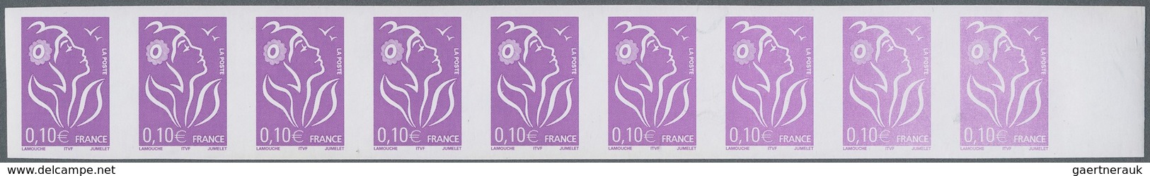 Frankreich: 2005, Marianne € 0,10 Purple Violett Imperforatet, Horizontal Strip Of 9 With Sheet Marg - Lettres & Documents