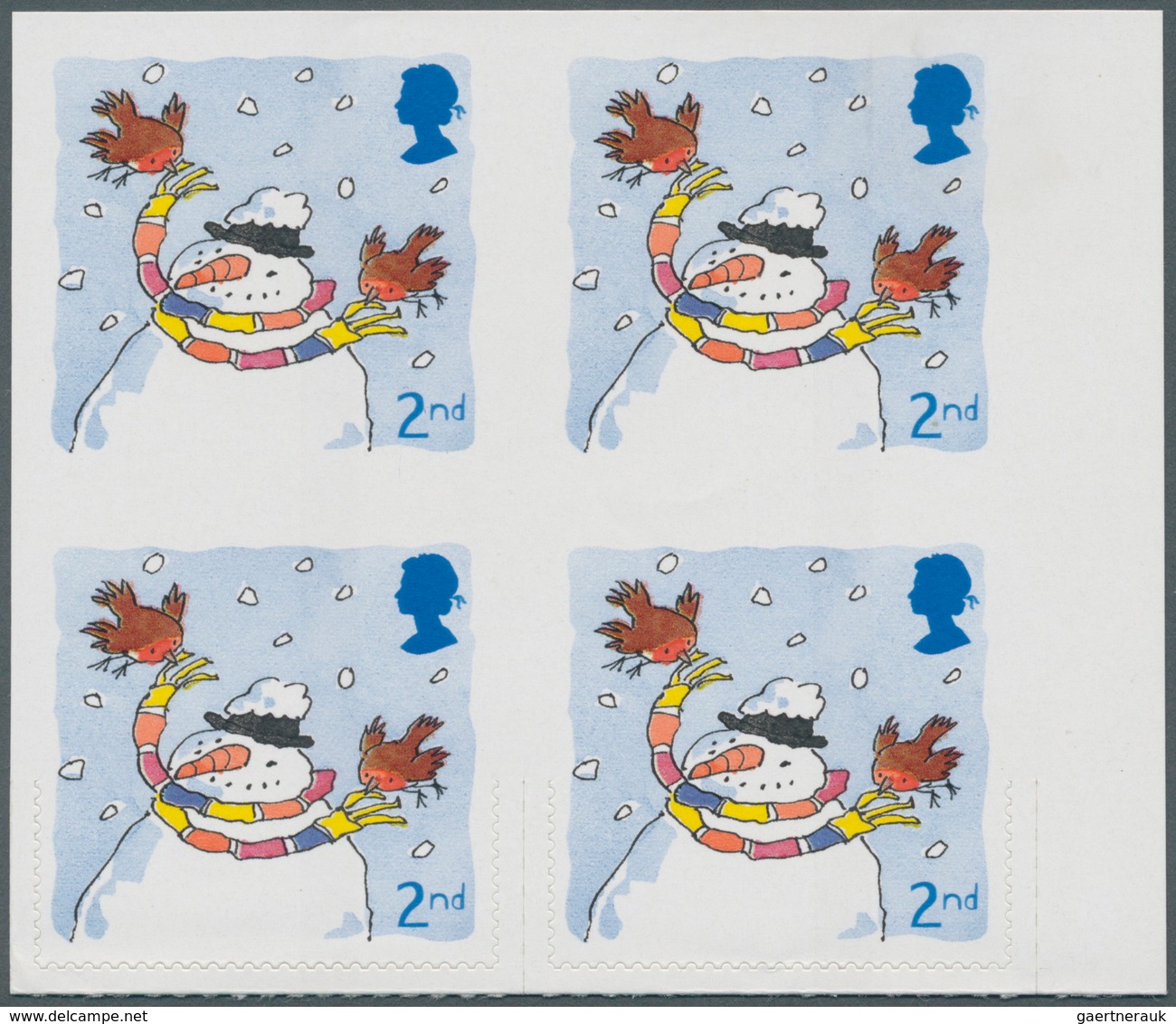 Großbritannien: 2001, 2nd Christmas (Robins With Snowman), Block Of 4 Showing Variety "top Pair With - Autres & Non Classés