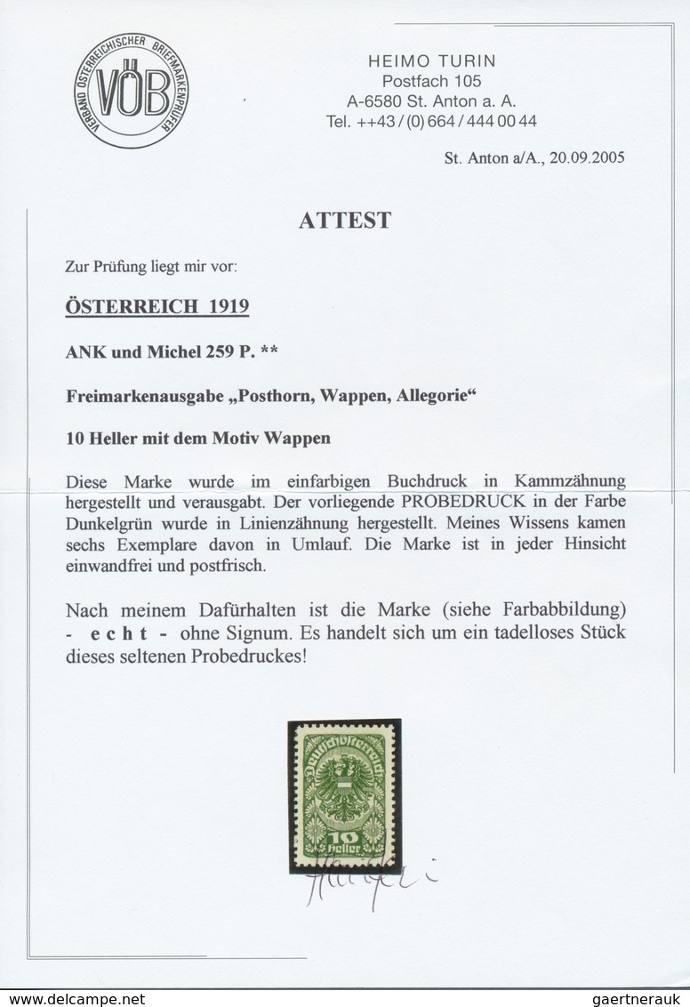 Österreich: 1919/1920, Freimarken, 10 H. Als Farbprobe In Dunkelgrün Und Mit Linienzähnung, Auf Gumm - Neufs