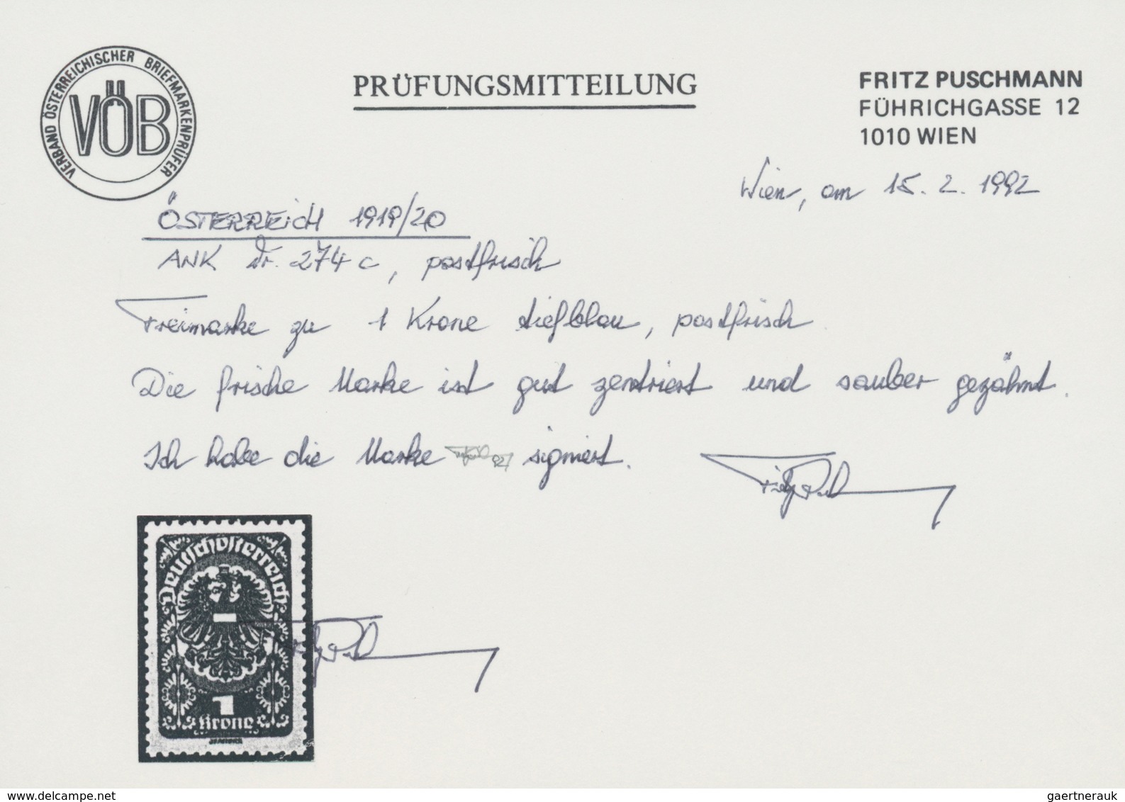 Österreich: 1919 - 1920, Freimarken, 1 Kr. Schwärzlichultramarin, Postfrisch Mit Fotobefund Puschman - Neufs