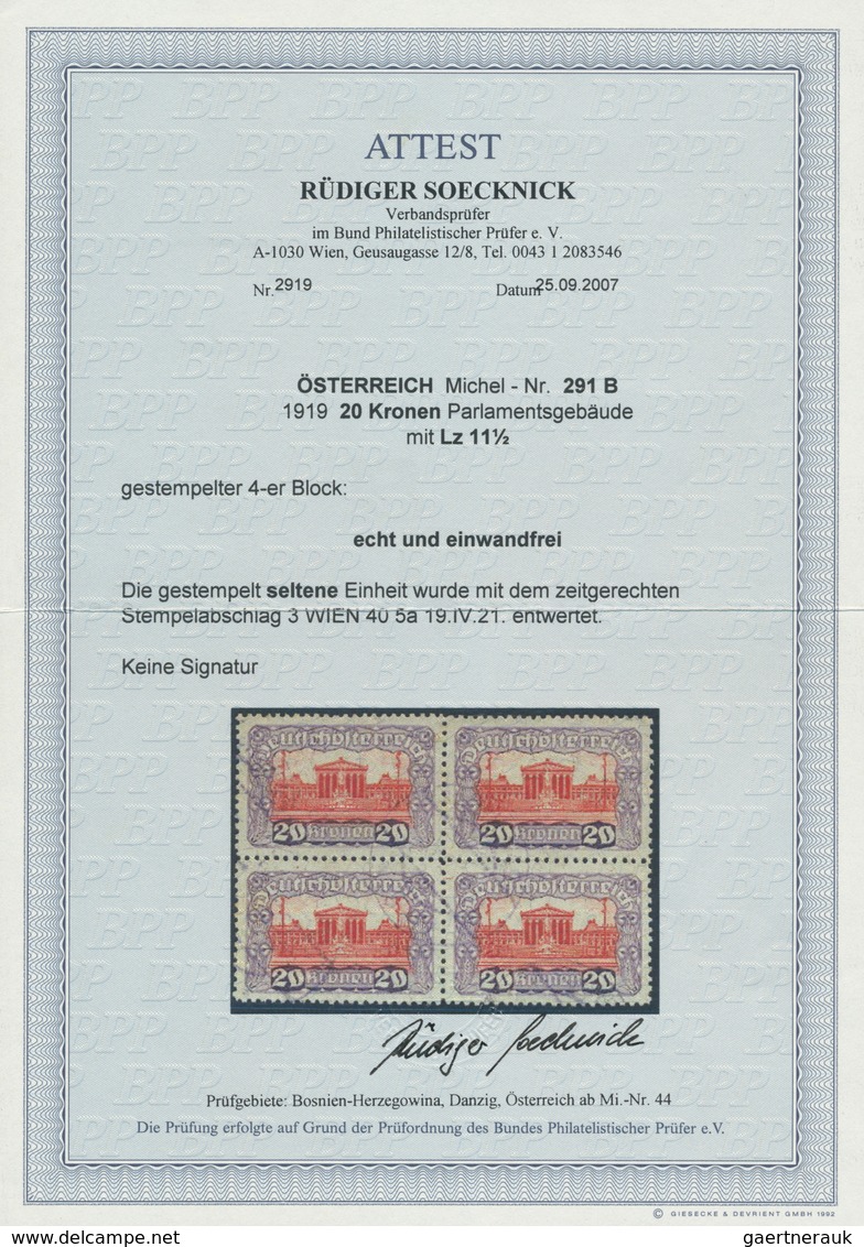 Österreich: 1919. Freimarken "Parlamentsgebäude", 20 Kronen Mit Lz 11½ Im Gestempelten 4er-Block. FA - Neufs