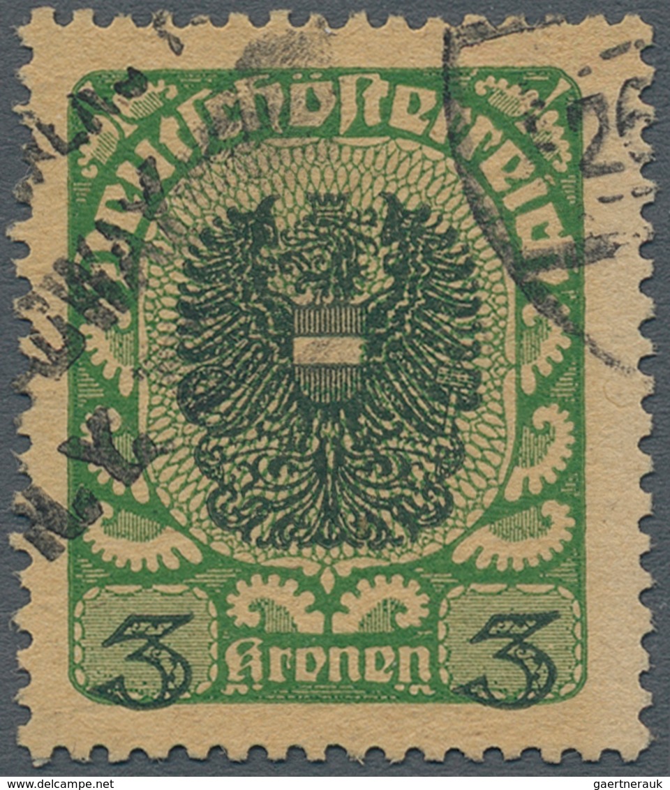 Österreich: 1920, 3 Kr Dunkelgrün/schwarz Auf Dickem Grauen Papier, Gut Zentriert Und Gestempelt, "e - Neufs