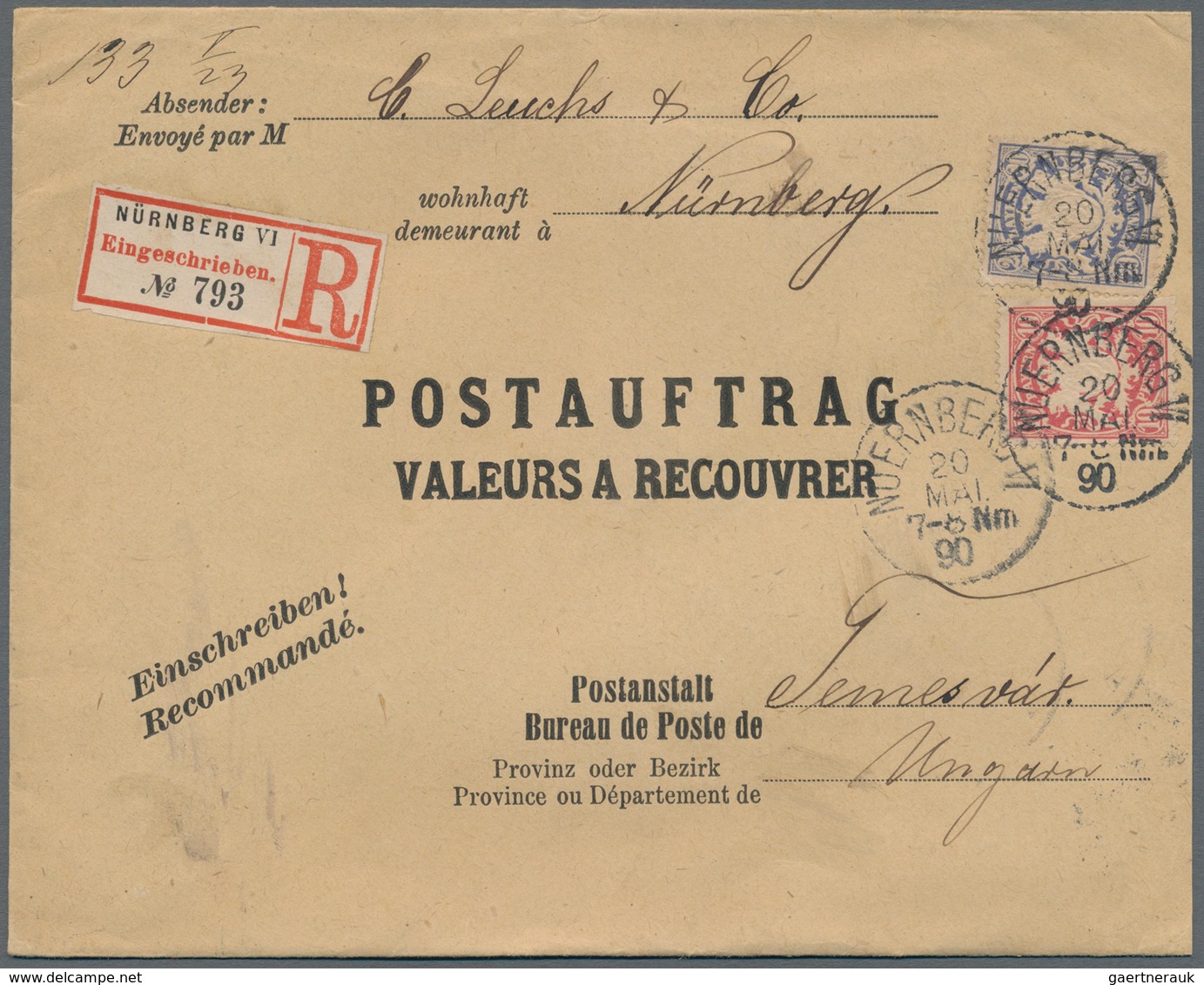 Bayern - Marken Und Briefe: 1890. 20.5., Wappen 10 Pfg. Und 20 Pfg. Auf R-Postauftrag Von Nürnberg N - Autres & Non Classés