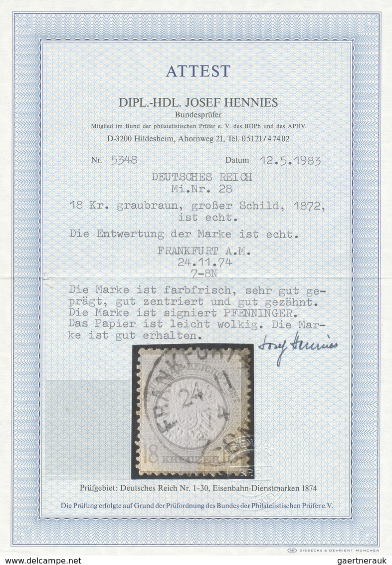 Deutsches Reich - Brustschild: 1874, 18 Kr Graubraun, Gr. Schild, Lt. FA Hennies BPP (1983) "leicht - Neufs