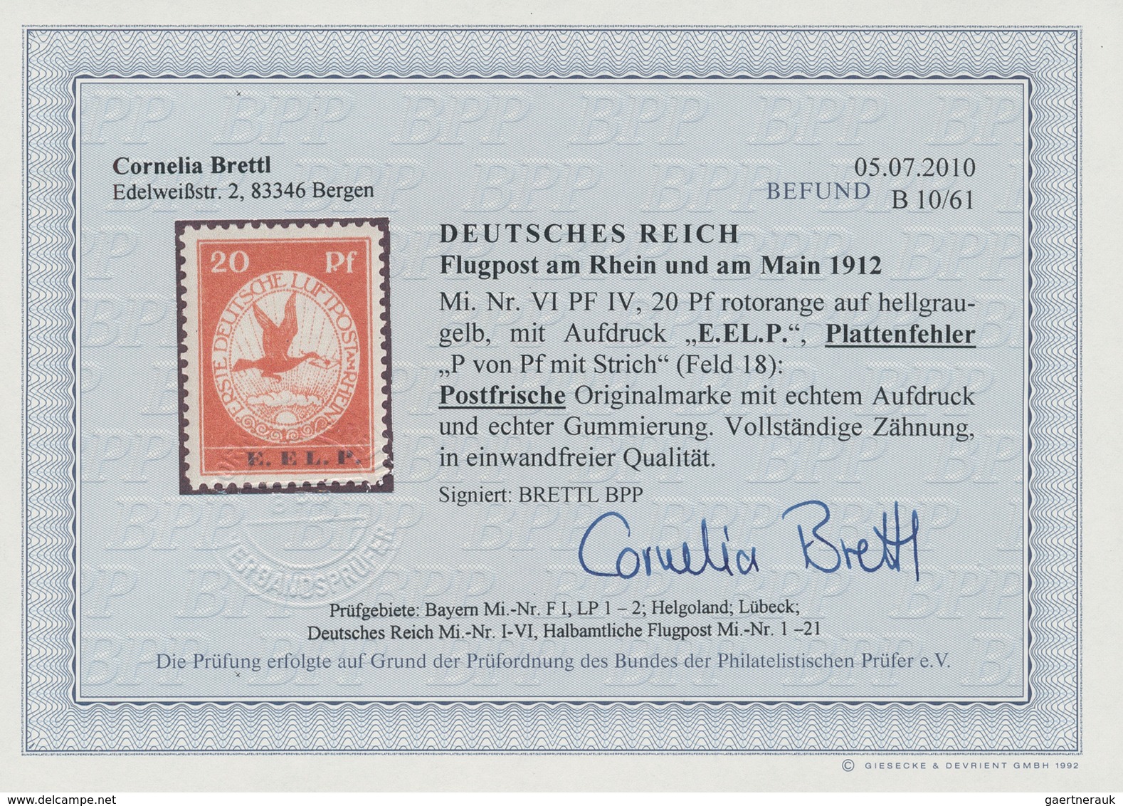 Deutsches Reich - Germania: 1912, 20 Pfg. Flugpost Rhein-Main Mit Aufdruck "E.EL.P." Und PLATTENFEHL - Neufs