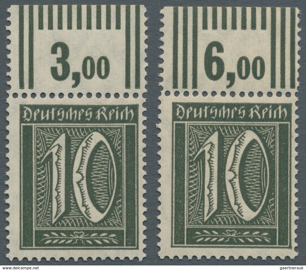 Deutsches Reich - Inflation: 1921, 10 Pf. Ziffer Mit Wz 1, Schwarzoliv Als Oberrandstücke Mit Beiden - Lettres & Documents