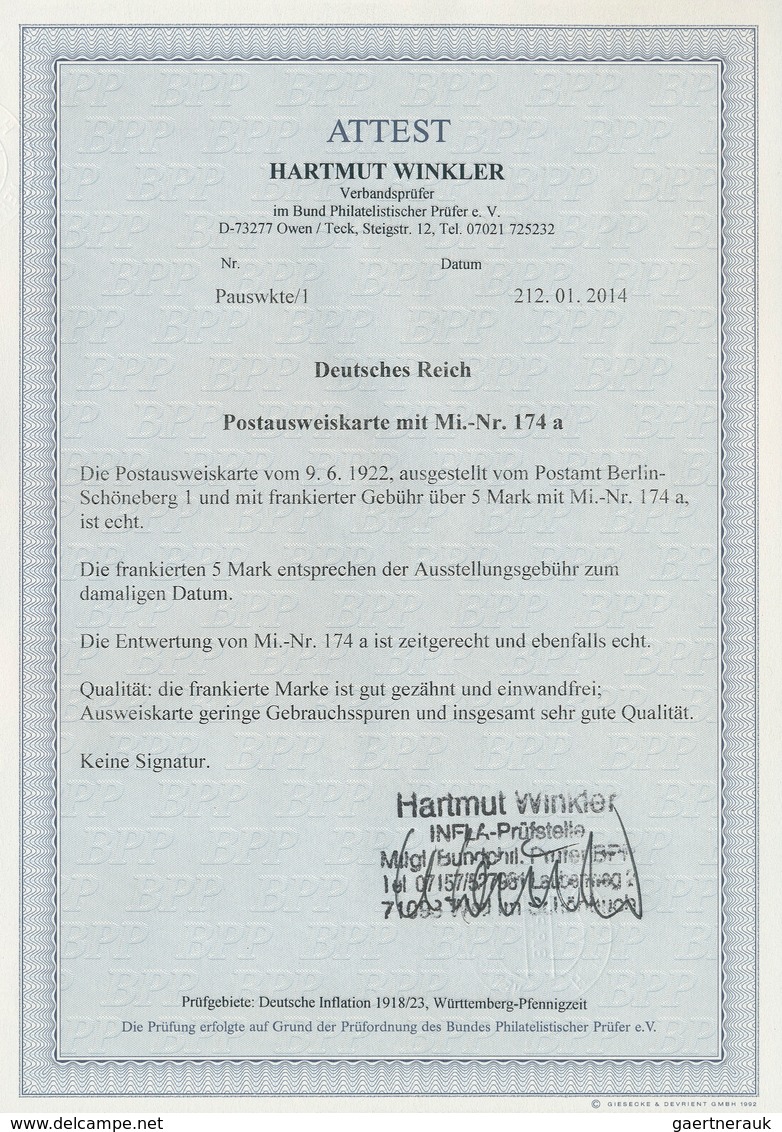 Deutsches Reich - Inflation: 1922, 5 M. Ziffer Als Gebührenmarke Auf Postausweiskarte Aus "BERLIN-SC - Lettres & Documents